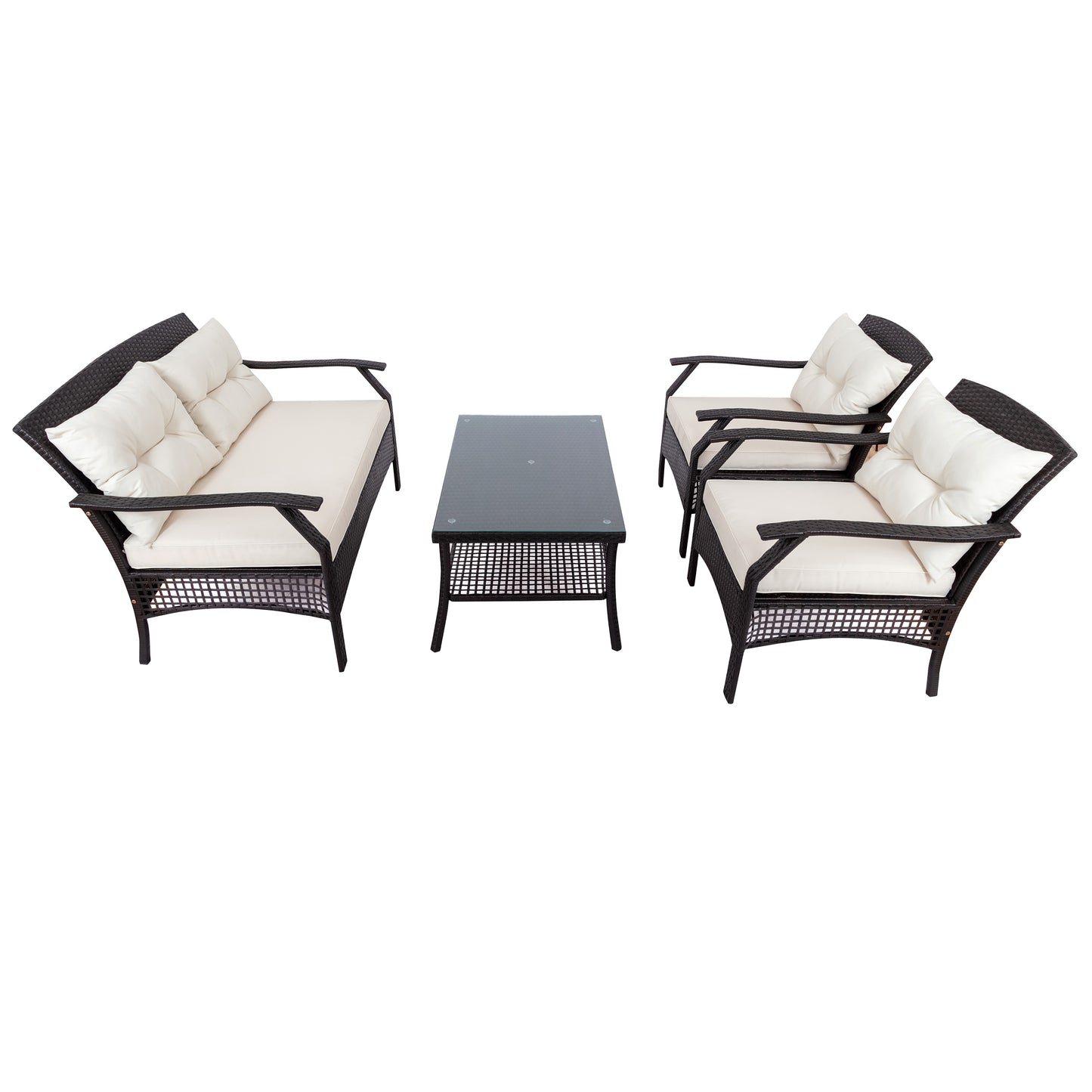 SYNGAR 4 Piece Patio Conversation Sets, Outdoor All Weather Wicker Furniture Sofa Couch Dining Set with Storage Table, Chairs, Loveseat, Cushioned Seats for Garden, Lawn, Backyard, Porch, Beige