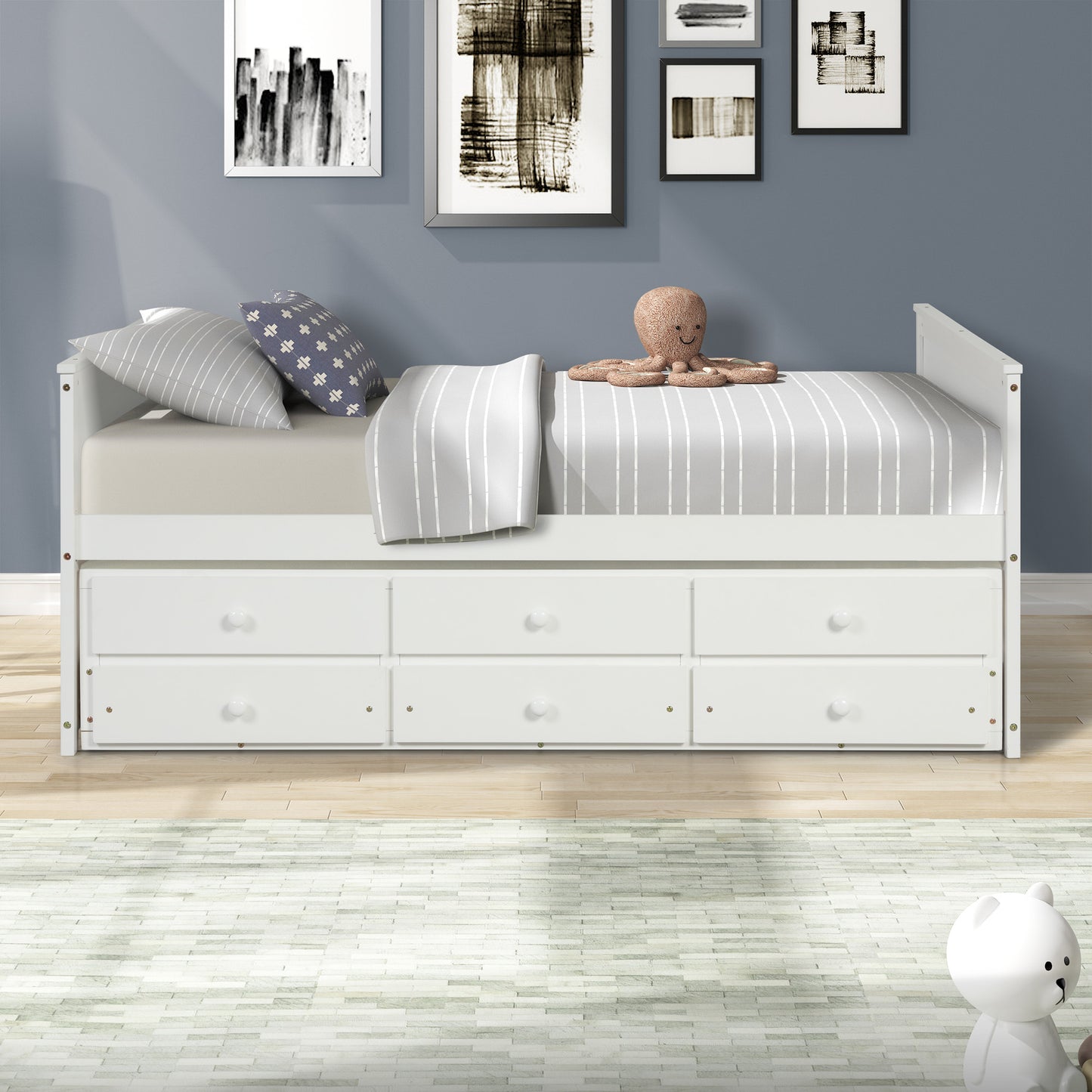 SYNGAR Bed Frame with Storage, Full Platform Bed with Trundle and 3 Storage Drawers for Kids Teens Adult, White, LJ2569