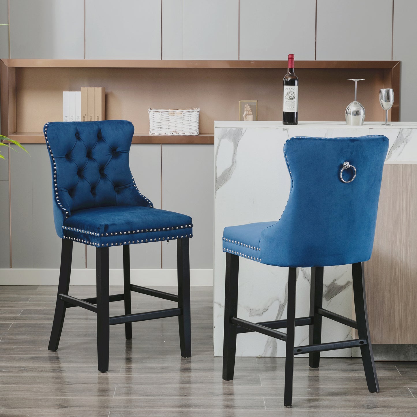 SYNGAR Bar Stools Set of 2, Velvet Upholstered Bar Chair with Wood Legs Nailhead Trim Tufted Back, High End Counter Height Bar Stools, Bar Chairs for Bar Counter Kitchen, Wood Barstool Set, Blue