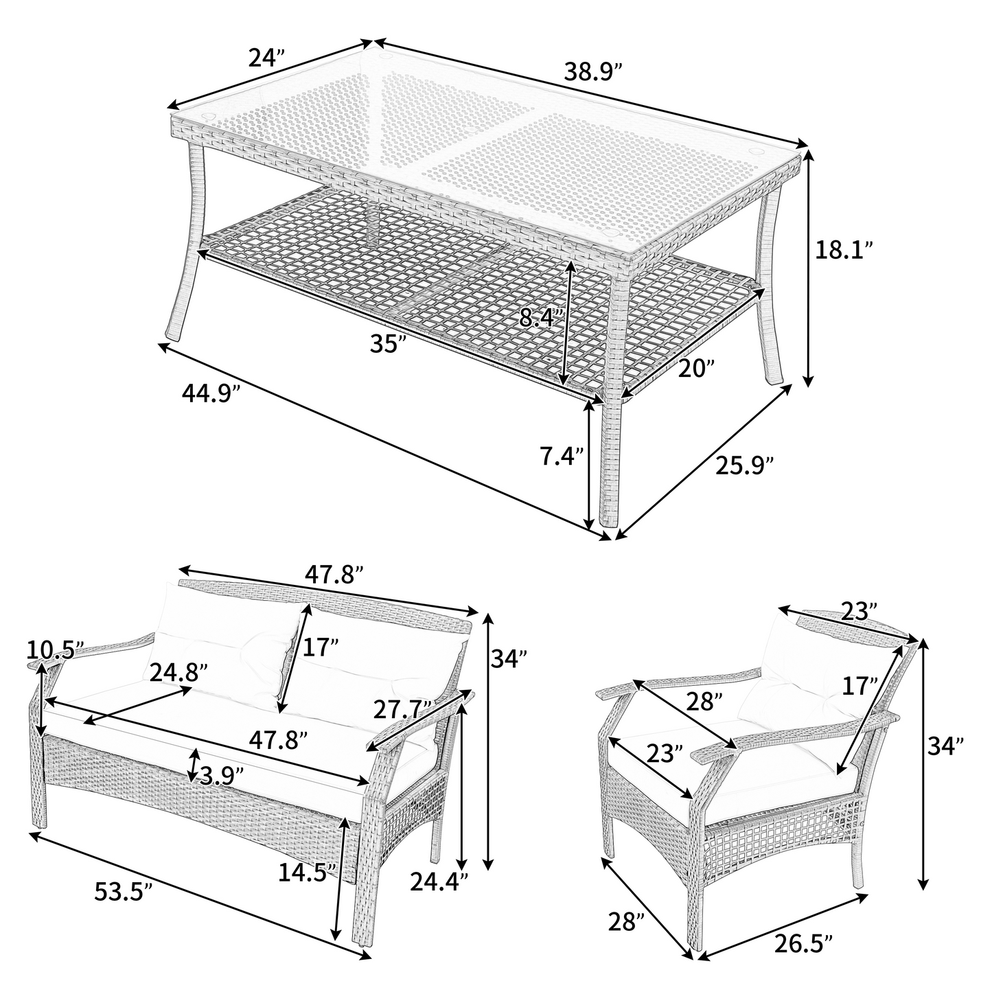 SYNGAR 4 Piece Patio Conversation Sets, Outdoor All Weather Wicker Furniture Sofa Couch Dining Set with Storage Table, Chairs, Loveseat, Cushioned Seats for Garden, Lawn, Backyard, Porch, Beige