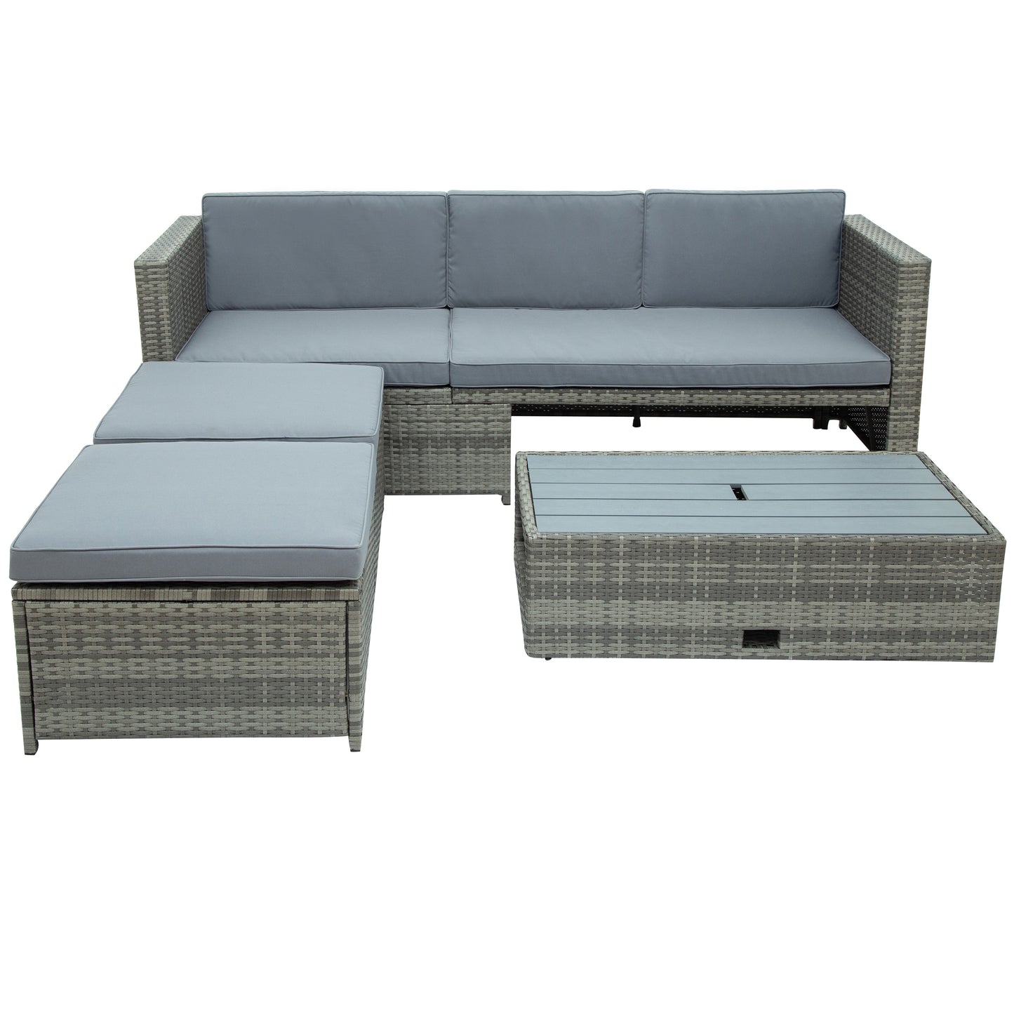 SYNGAR Gray 4 Piece Patio Wicker Furniture Set, UV Proof Rattan Outdoor Sectional Sofa Set with Retractable Table, Space Saving Conversation Bistro Set for Garden Balcony Backyard Poolside