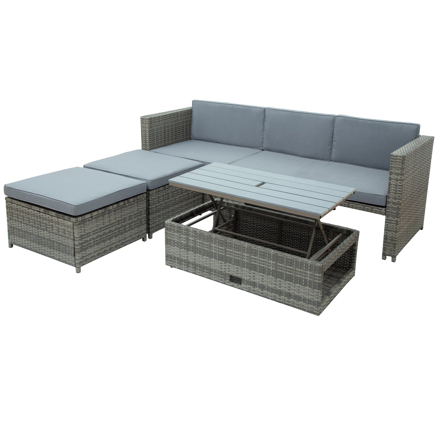 SYNGAR Gray 4 Piece Patio Wicker Furniture Set, UV Proof Rattan Outdoor Sectional Sofa Set with Retractable Table, Space Saving Conversation Bistro Set for Garden Balcony Backyard Poolside