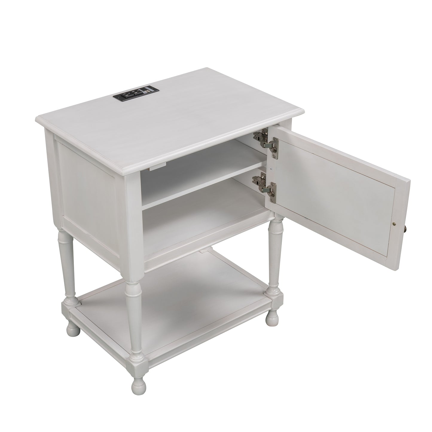 SYNGAR White Nightstand with Charging Station, Modern Solid Wood Nightstand with Large Slide Drawer and 2 Doors Flip Cabinet, Easy to Assemble, LJ1687