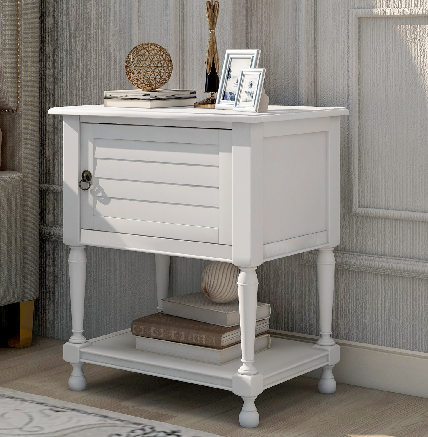 SYNGAR White Nightstand with Charging Station, Modern Solid Wood Nightstand with Large Slide Drawer and 2 Doors Flip Cabinet, Easy to Assemble, LJ1687