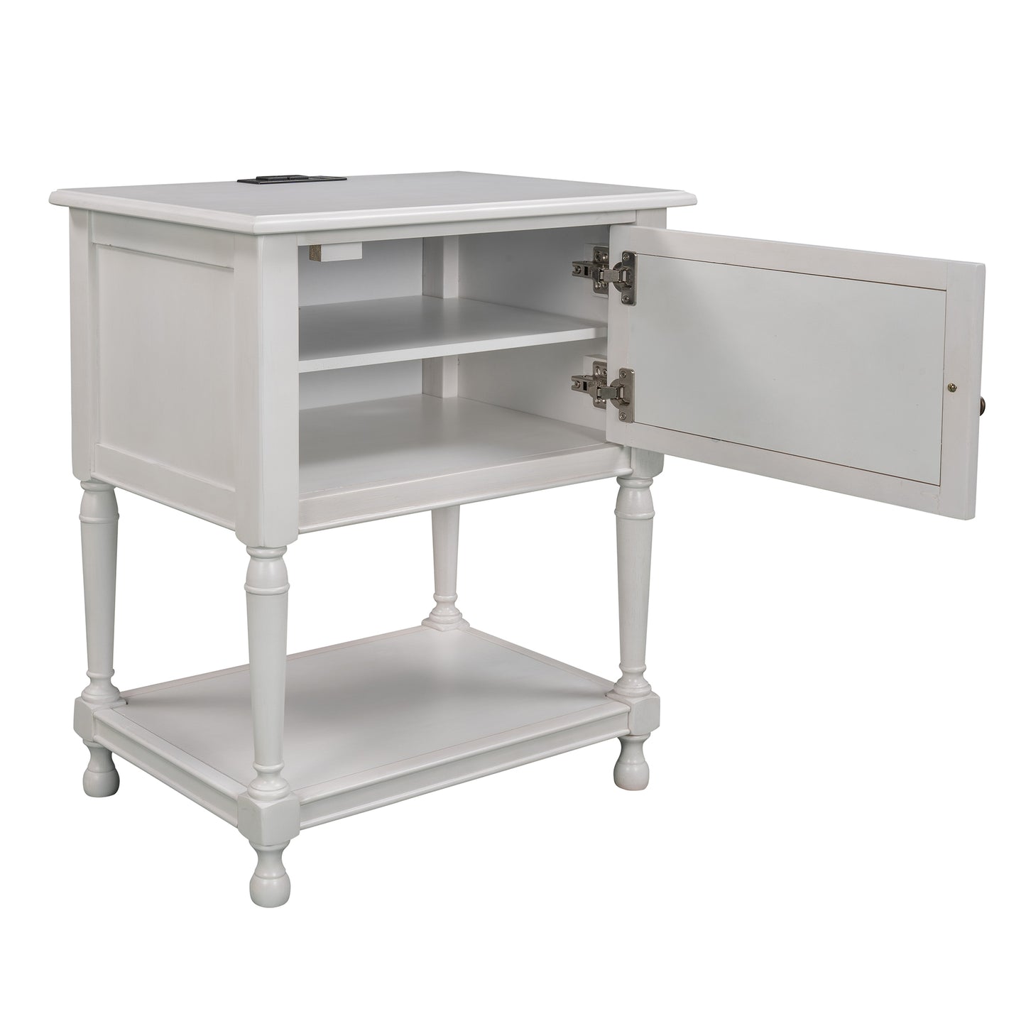 SYNGAR White Nightstand with Charging Station, Modern Solid Wood Nightstand with Large Slide Drawer and 2 Doors Flip Cabinet, Easy to Assemble, LJ1687