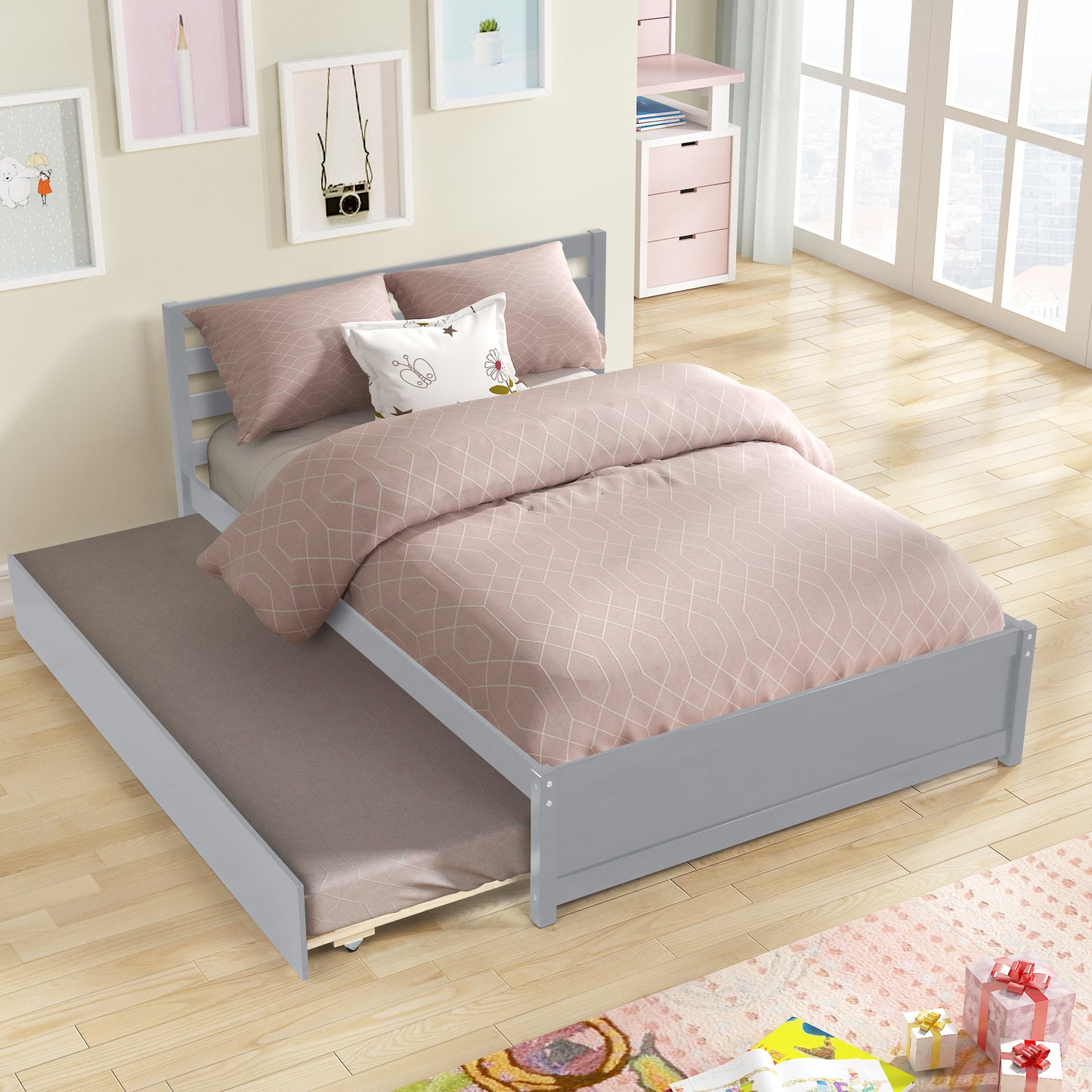 SYNGAR Full Size Bed Frame, Full Platform Bed with Trundle for Kids Teens Adult, Gray, LJ2563