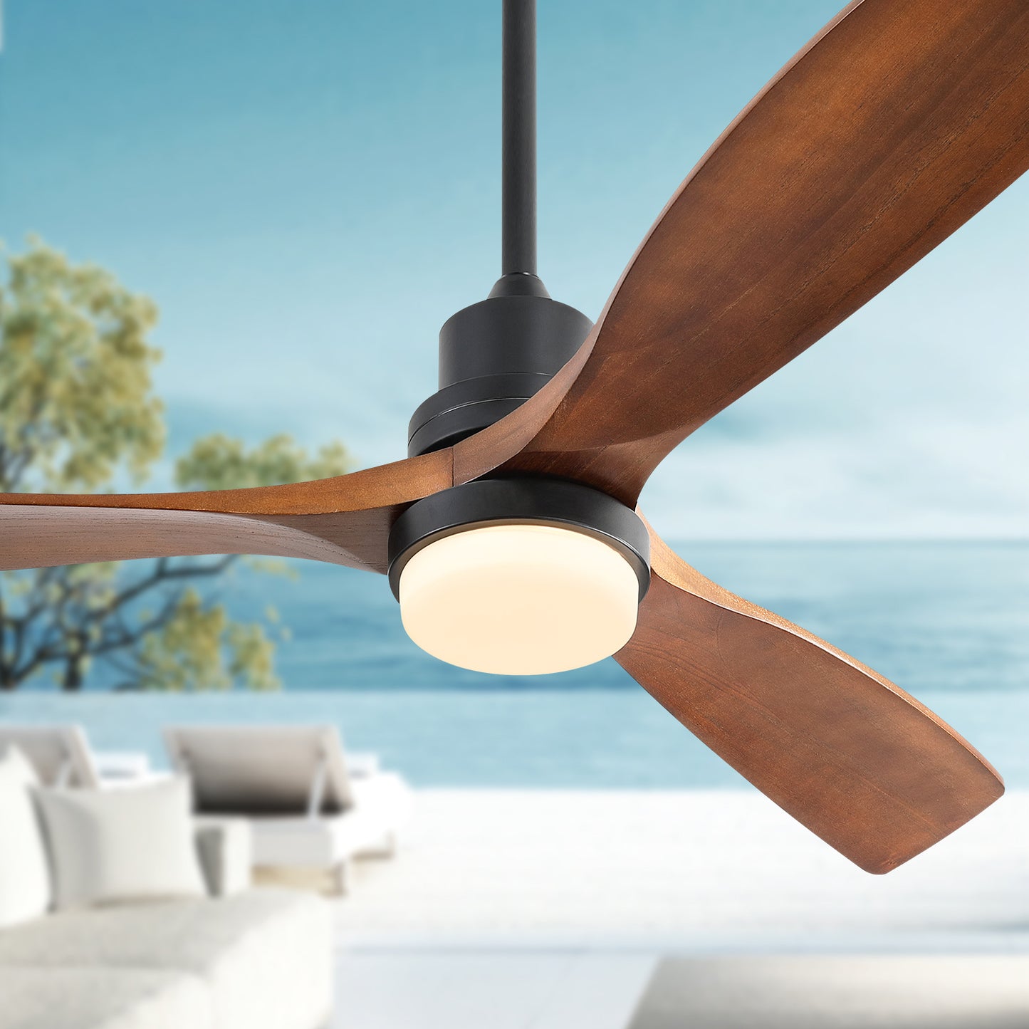 52-inch Modern Flush Ceiling Fans with Lights, 6 Speed Remote Control, Energy-Saving DC Motor, Natural Walnut Finish with 3 Wood Fan Blades