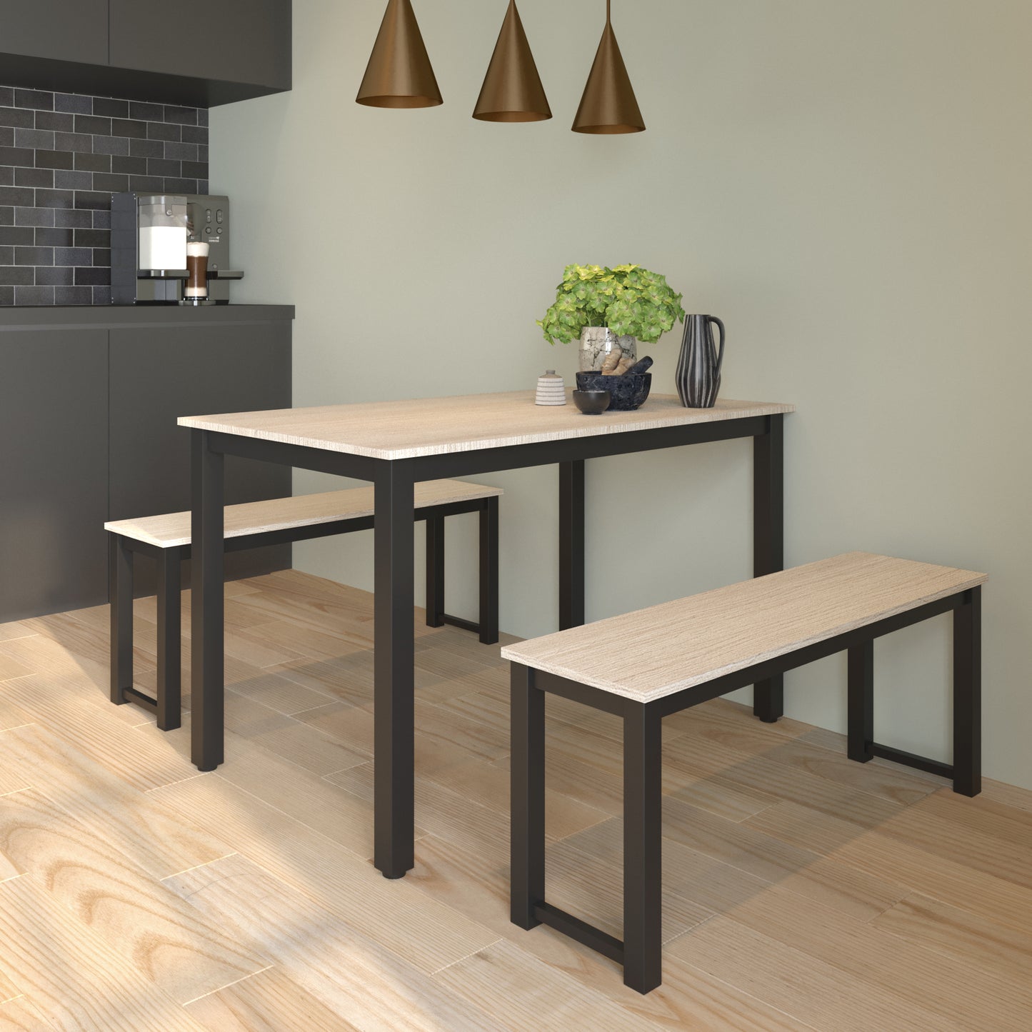 SYNGAR 3 Piece Dining Table Set, Modern Kitchen Table and Bench for 6, MDF Board Table Top and Metal Frame Kitchen Furniture Set, Breakfast Nook Table with 2 Benches for Home Apartment Office, B1207