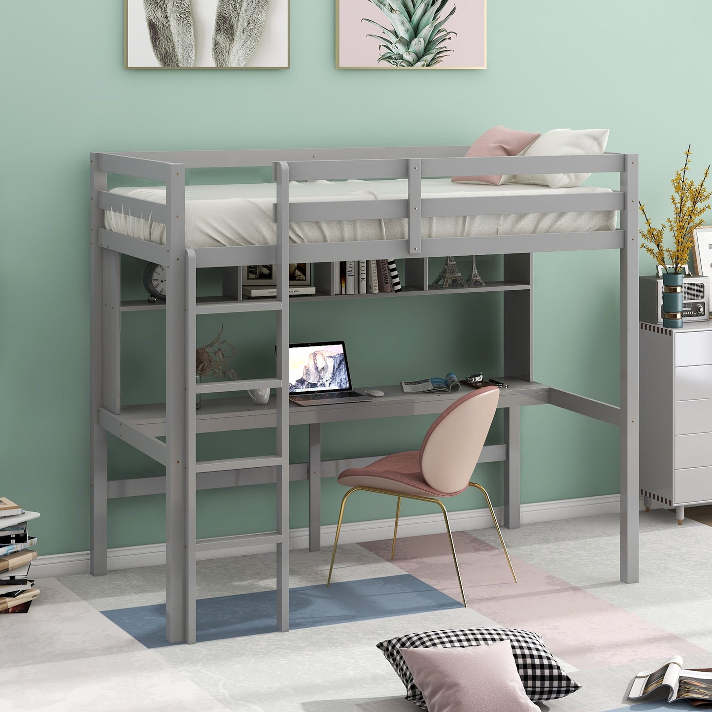 Wooden Twin Loft Bed with Desk, Twin Size Bunk Bed with Workstation Desk, Safety Rail, Wider Ladder for Kids Teens Adults, Space Saving Design, No Spring Box needed, White
