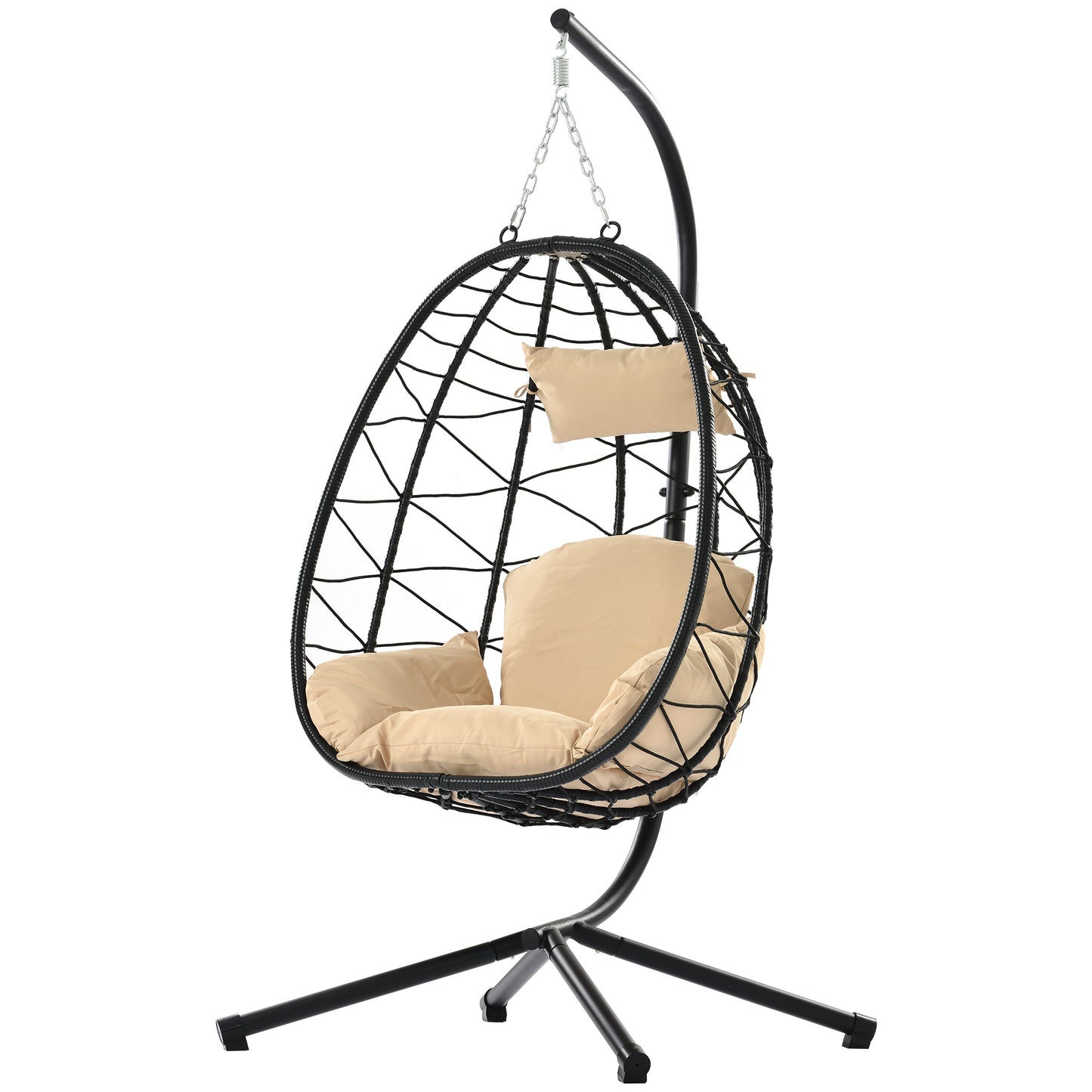 SYNGAR 2 Piece Indoor Outdoor Patio Wicker Hanging Chair, Swing Hammock Egg Chairs Waterproof Cushions with Steel Frame, 300lbs Capacity for Patio Balcony Bedroom Living Room, 2Pcs, Beige