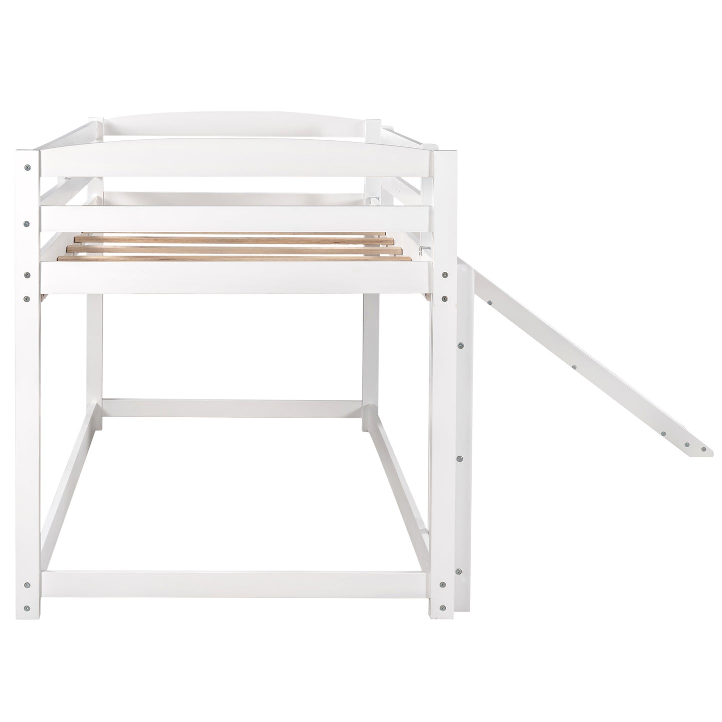 White Twin Bunk Beds with Slide for Kids, Low Profile Bunk Beds with Built-in Ladder, Kids Bedroom Furniture Floor Bed Frame for Toddlers Boys Girls, No Box Spring Needed, Hold 400LBS