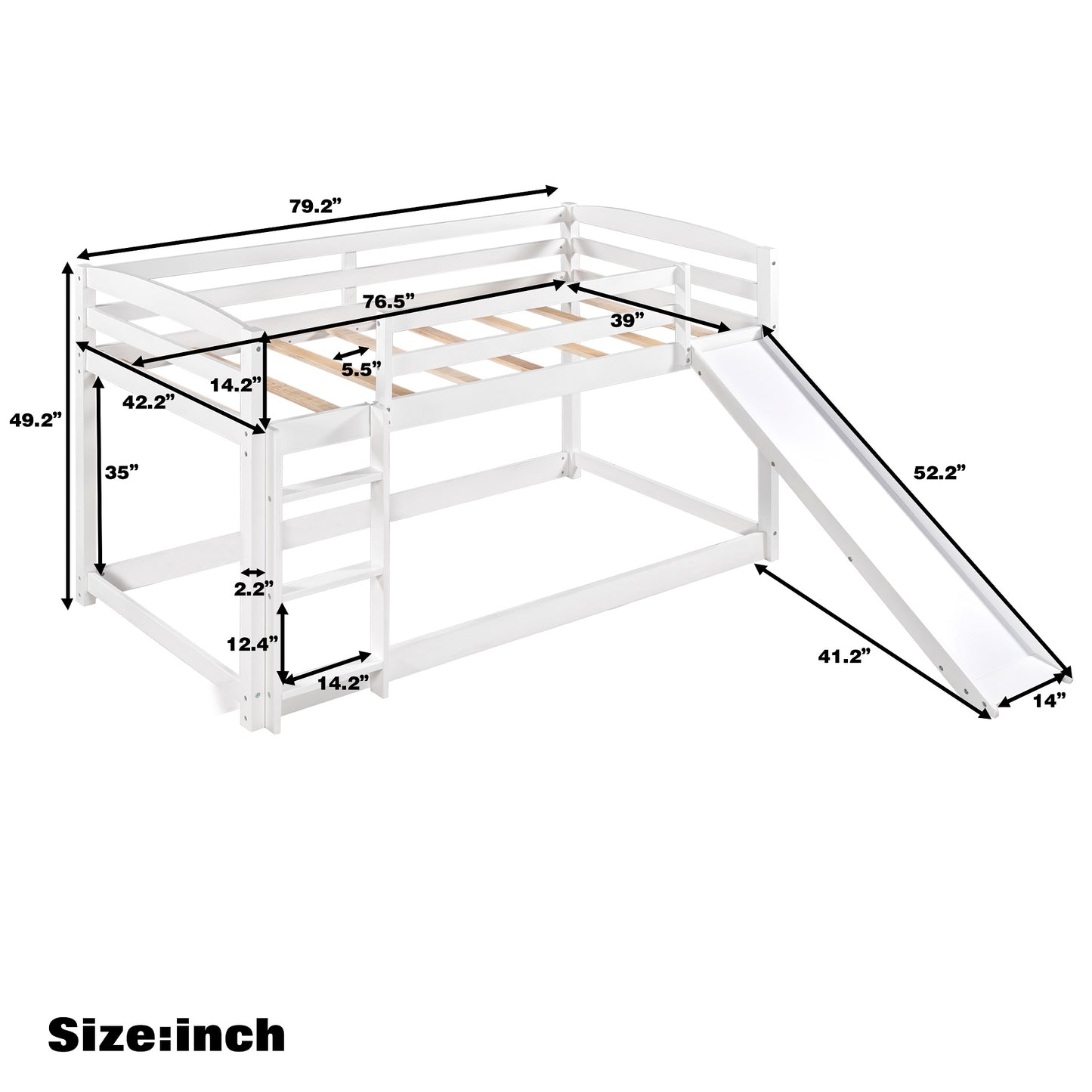 White Twin Bunk Beds with Slide for Kids, Low Profile Bunk Beds with Built-in Ladder, Kids Bedroom Furniture Floor Bed Frame for Toddlers Boys Girls, No Box Spring Needed, Hold 400LBS