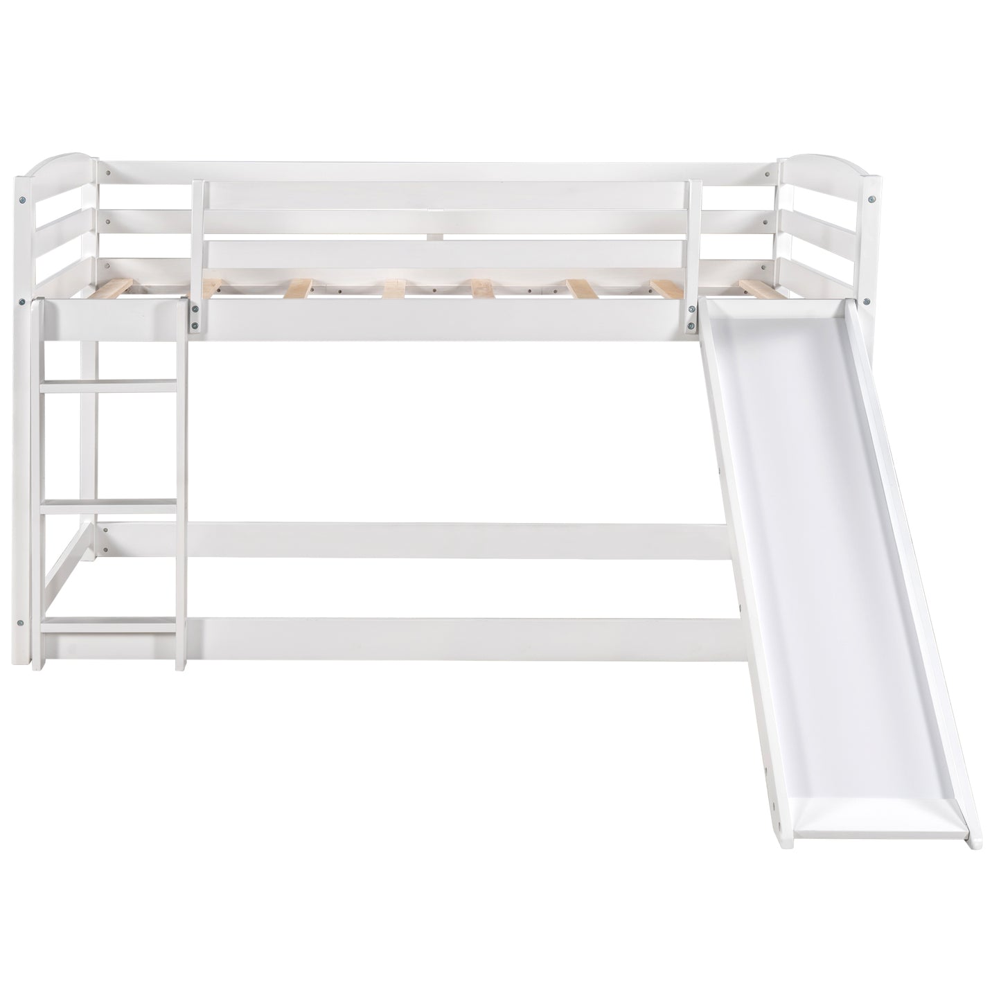White Twin Bunk Beds with Slide for Kids, Low Profile Bunk Beds with Built-in Ladder, Kids Bedroom Furniture Floor Bed Frame for Toddlers Boys Girls, No Box Spring Needed, Hold 400LBS