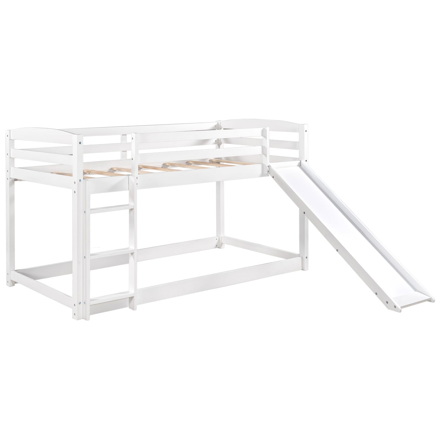 White Twin Bunk Beds with Slide for Kids, Low Profile Bunk Beds with Built-in Ladder, Kids Bedroom Furniture Floor Bed Frame for Toddlers Boys Girls, No Box Spring Needed, Hold 400LBS