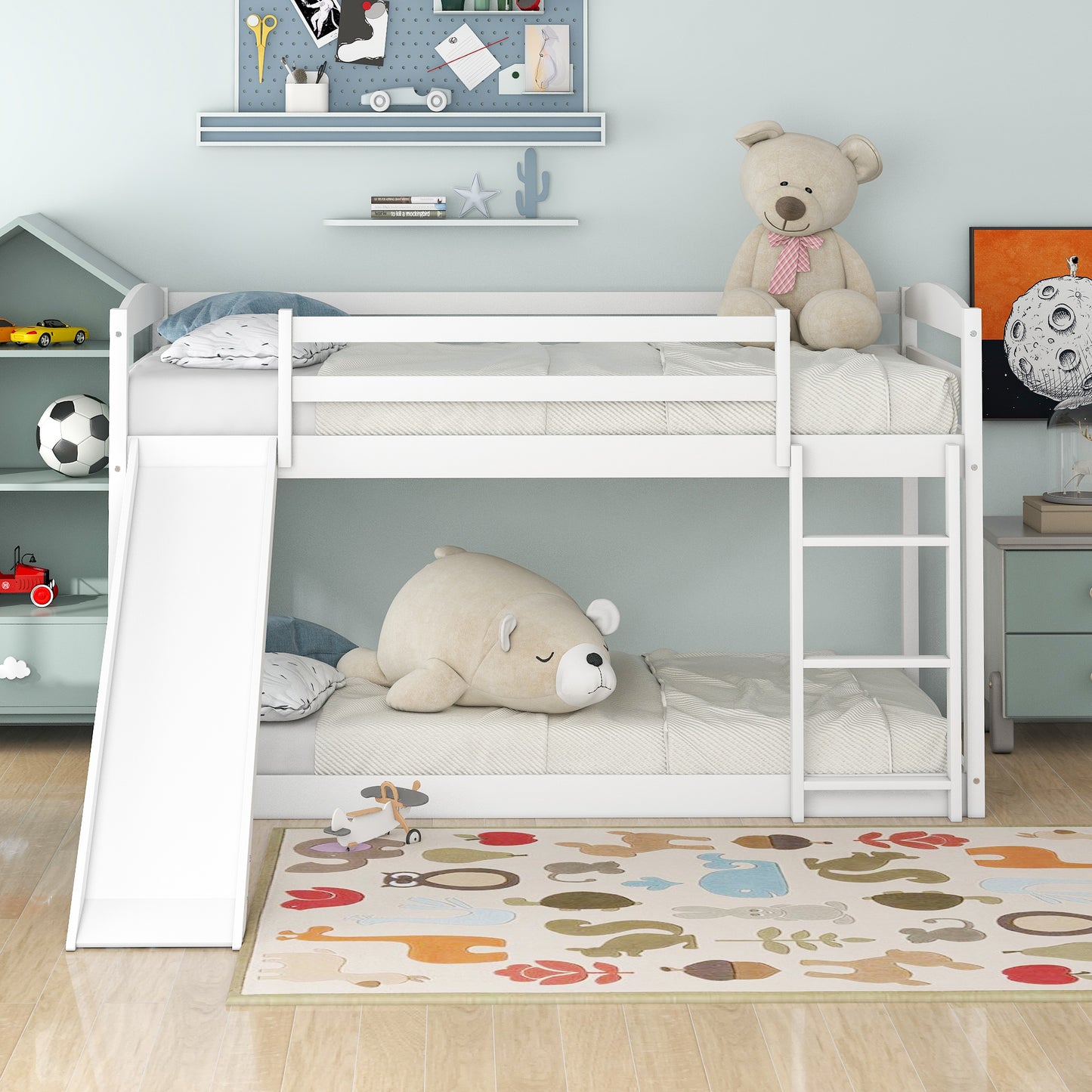White Twin Bunk Beds with Slide for Kids, Low Profile Bunk Beds with Built-in Ladder, Kids Bedroom Furniture Floor Bed Frame for Toddlers Boys Girls, No Box Spring Needed, Hold 400LBS