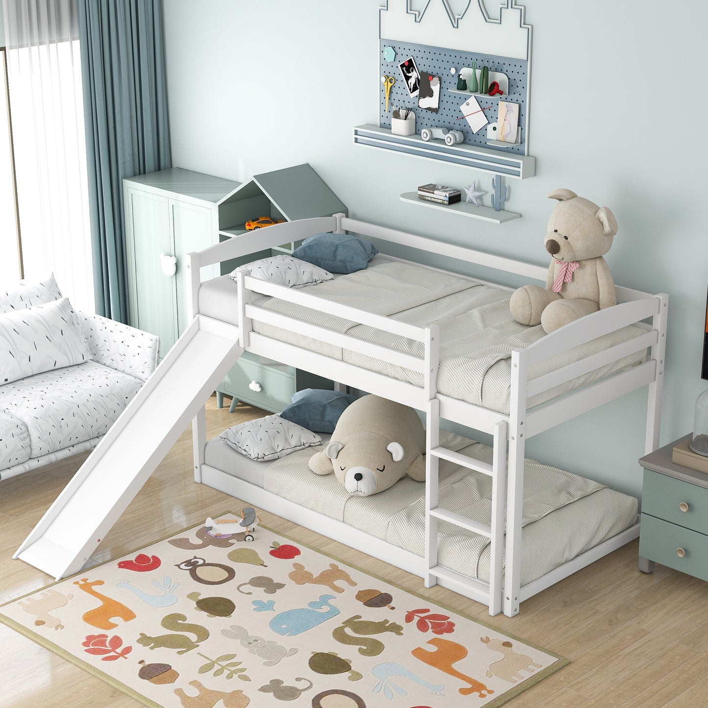 White Twin Bunk Beds with Slide for Kids, Low Profile Bunk Beds with Built-in Ladder, Kids Bedroom Furniture Floor Bed Frame for Toddlers Boys Girls, No Box Spring Needed, Hold 400LBS