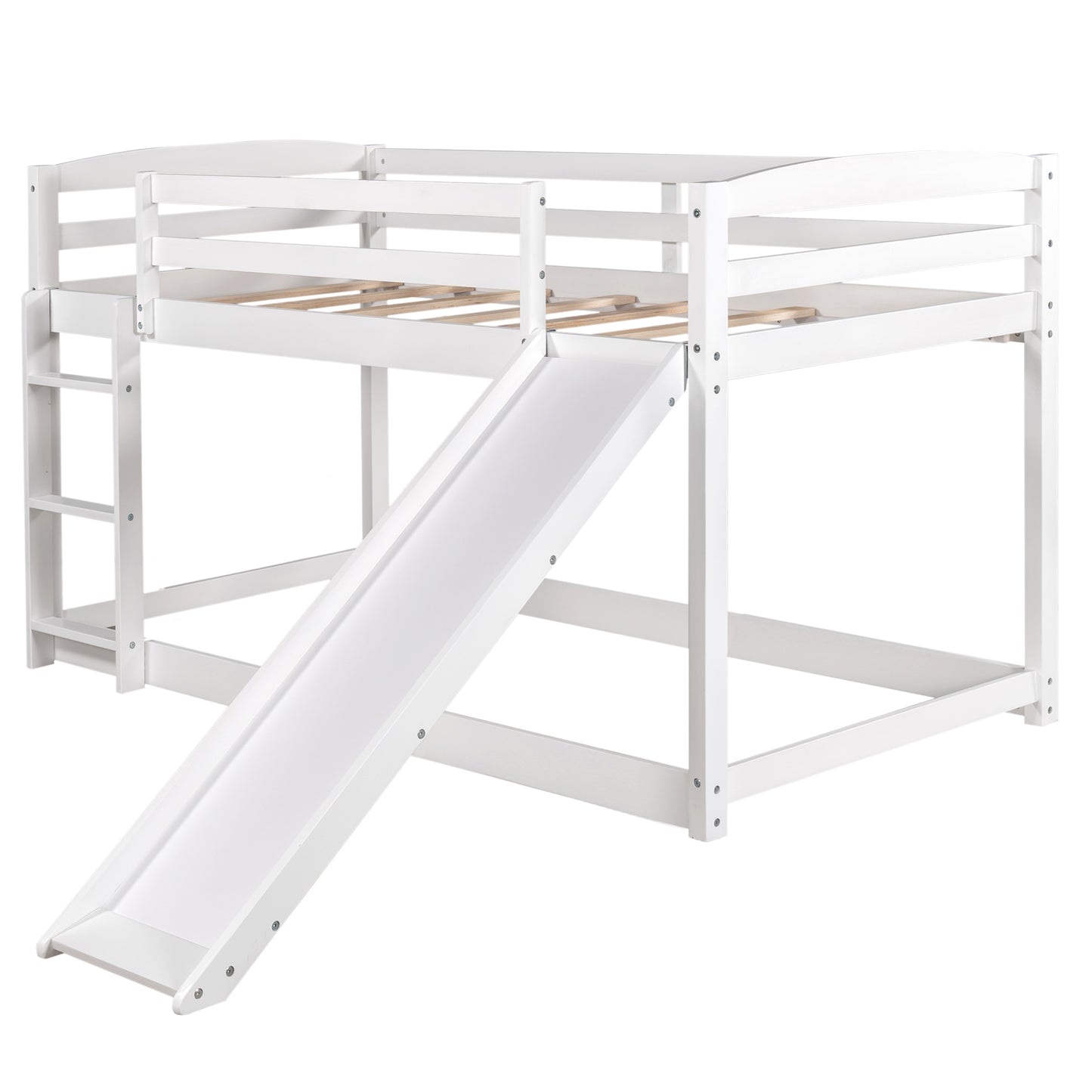 White Twin Bunk Beds with Slide for Kids, Low Profile Bunk Beds with Built-in Ladder, Kids Bedroom Furniture Floor Bed Frame for Toddlers Boys Girls, No Box Spring Needed, Hold 400LBS