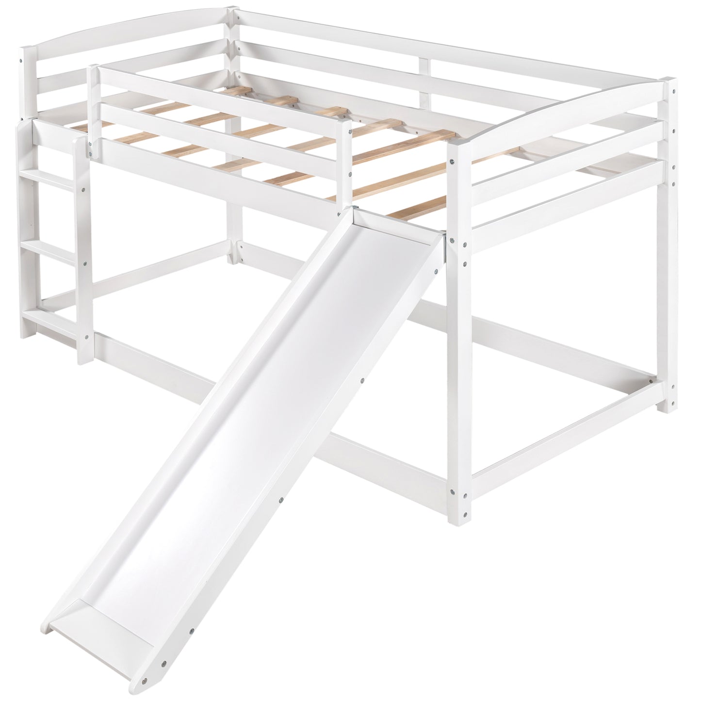 White Twin Bunk Beds with Slide for Kids, Low Profile Bunk Beds with Built-in Ladder, Kids Bedroom Furniture Floor Bed Frame for Toddlers Boys Girls, No Box Spring Needed, Hold 400LBS