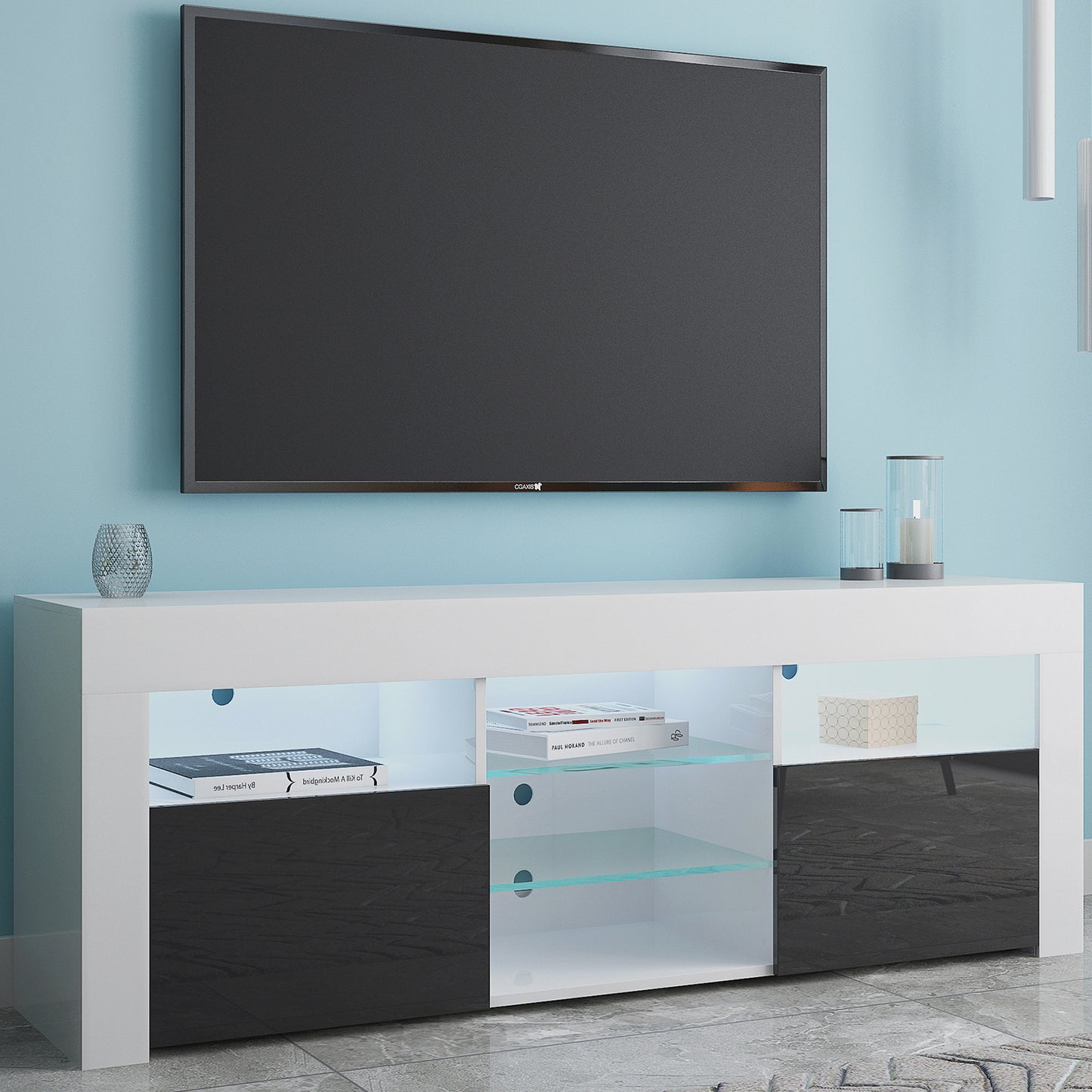 SYNGAR White TV Stand for 65 inch TV, Modern High Glossy TV Console Table Stand with 16 Colors LED Lights, Living Room TV Table Stand Buffet Cabinet with Storage, 58"L×14" W×21"H