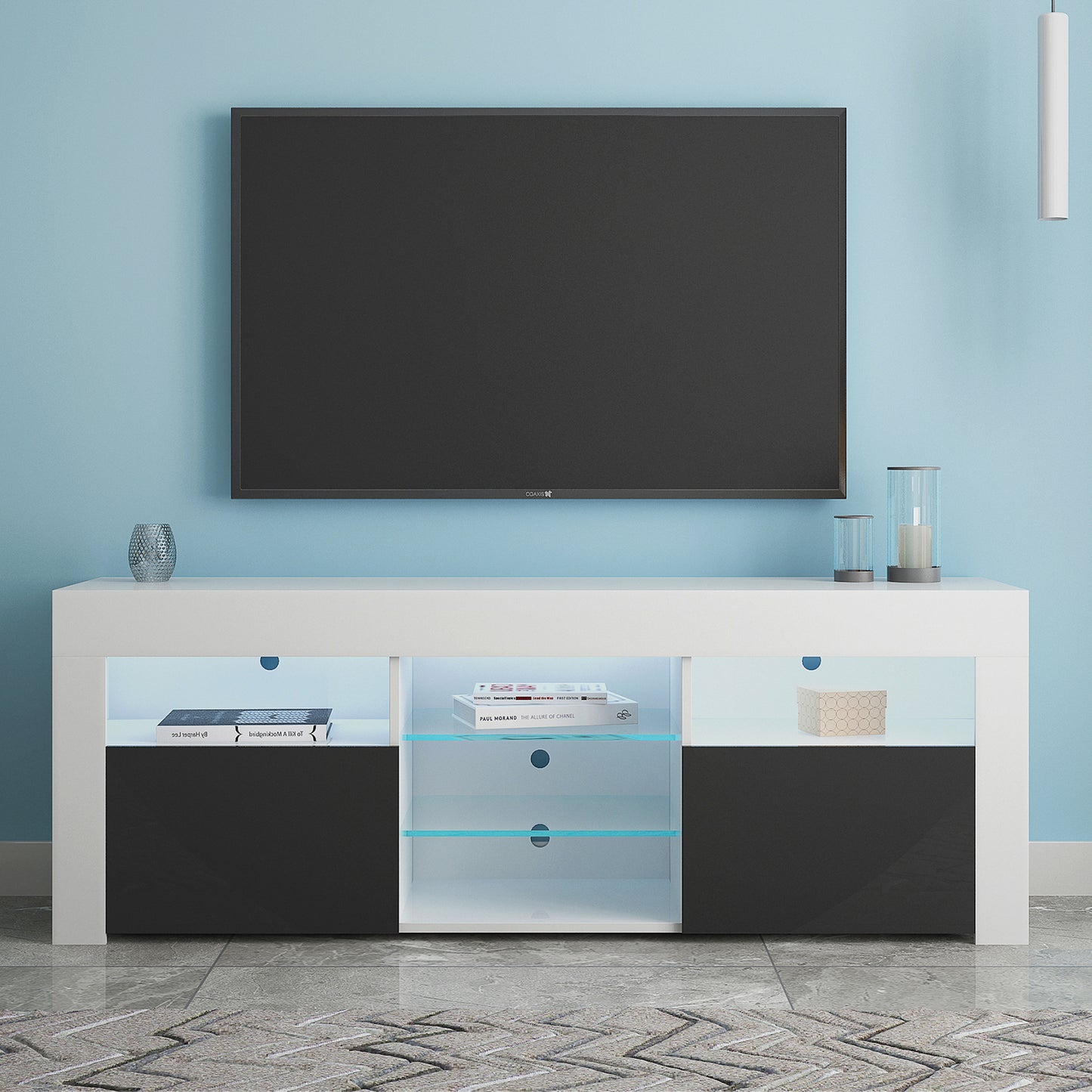SYNGAR White TV Stand for 65 inch TV, Modern High Glossy TV Console Table Stand with 16 Colors LED Lights, Living Room TV Table Stand Buffet Cabinet with Storage, 58"L×14" W×21"H
