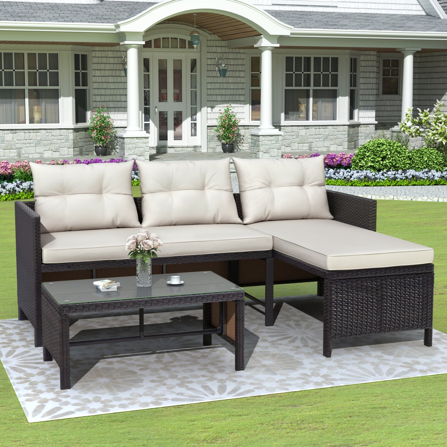 Syngar Patio Furniture Sectional Set, 3-Piece PE Wicker Cushioned Sofa Set, Outdoor Conversation Chair Set with Two-Seater Sofa, Lounge Sofa & Coffee Table, for Backyard, Poolside, Garden, Deck, D6030