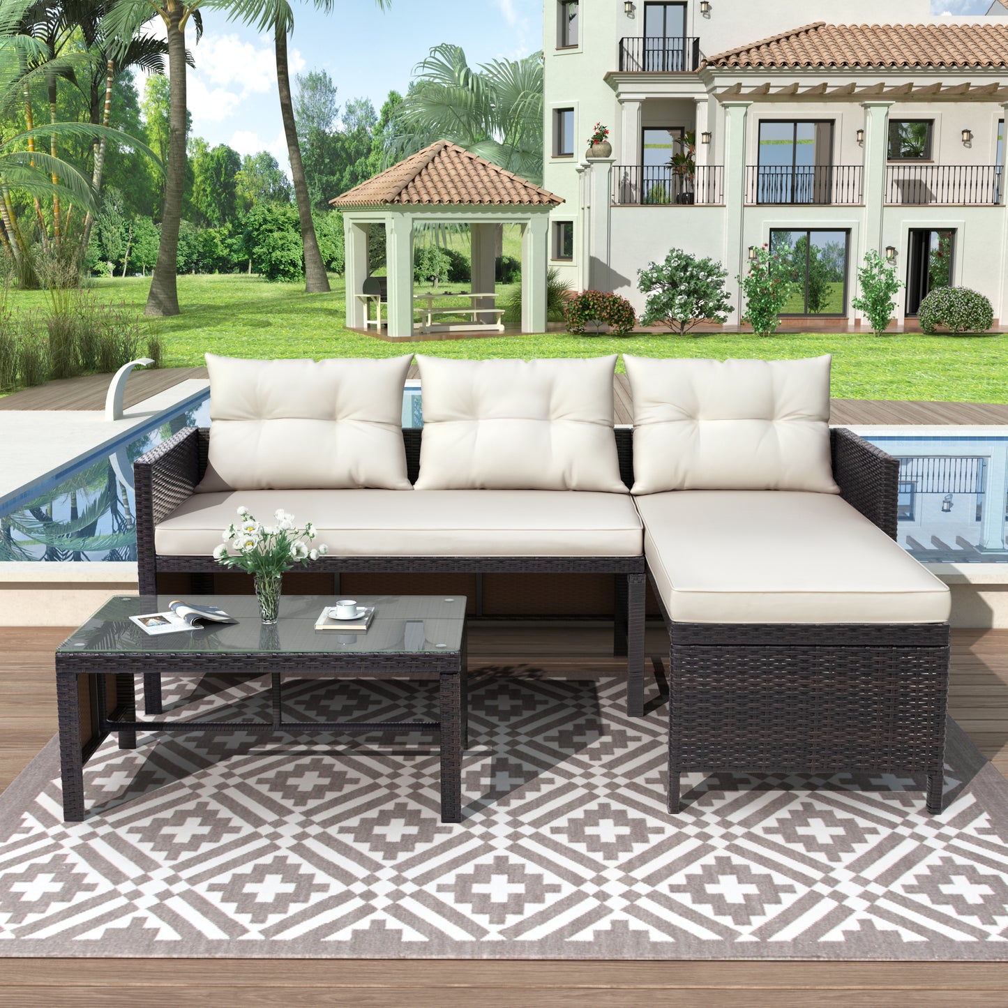 Syngar Patio Furniture Sectional Set, 3-Piece PE Wicker Cushioned Sofa Set, Outdoor Conversation Chair Set with Two-Seater Sofa, Lounge Sofa & Coffee Table, for Backyard, Poolside, Garden, Deck, D6030
