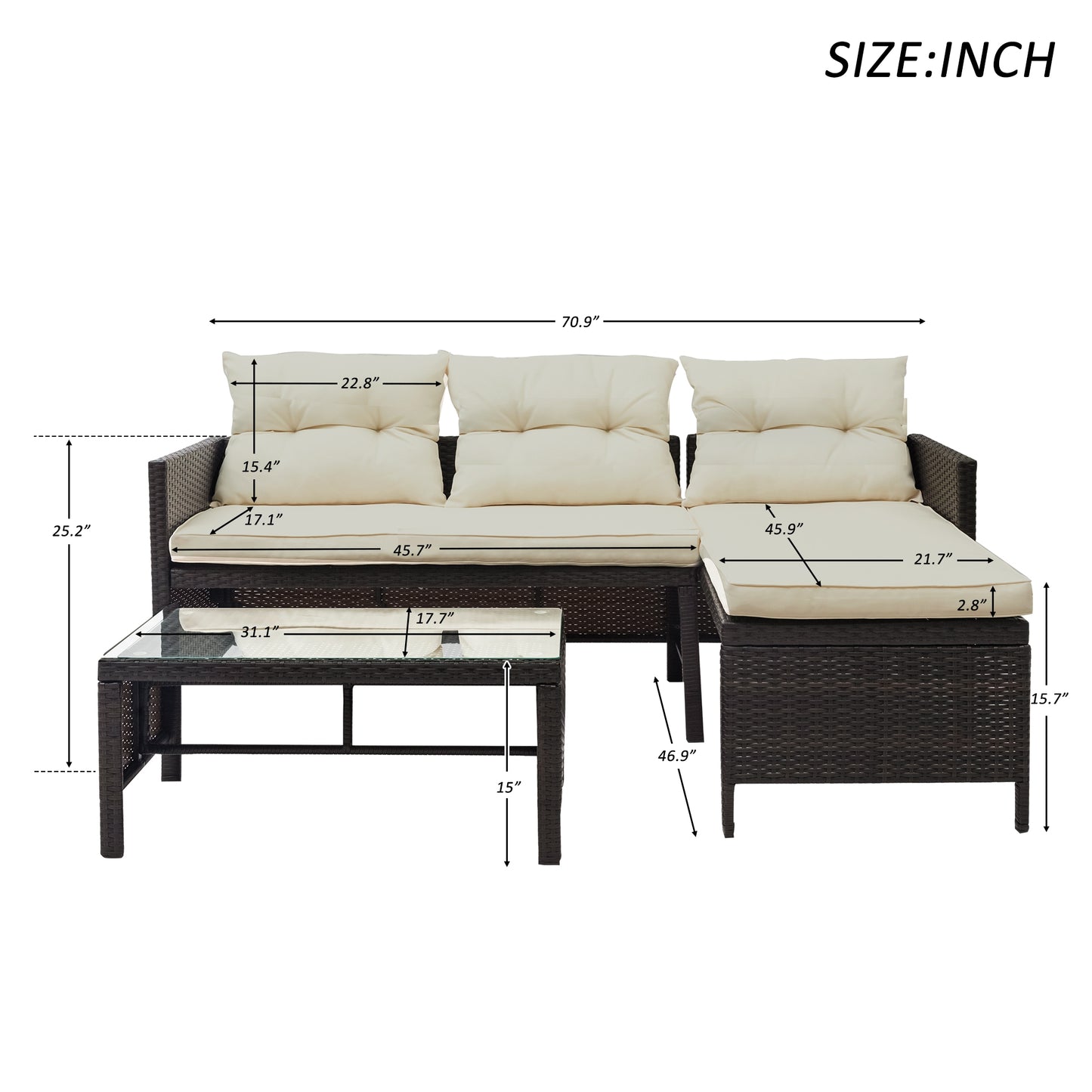 Syngar Patio Furniture Sectional Set, 3-Piece PE Wicker Cushioned Sofa Set, Outdoor Conversation Chair Set with Two-Seater Sofa, Lounge Sofa & Coffee Table, for Backyard, Poolside, Garden, Deck, D6030