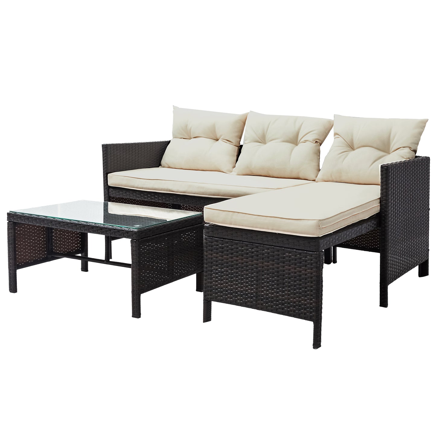 Syngar Patio Furniture Sectional Set, 3-Piece PE Wicker Cushioned Sofa Set, Outdoor Conversation Chair Set with Two-Seater Sofa, Lounge Sofa & Coffee Table, for Backyard, Poolside, Garden, Deck, D6030
