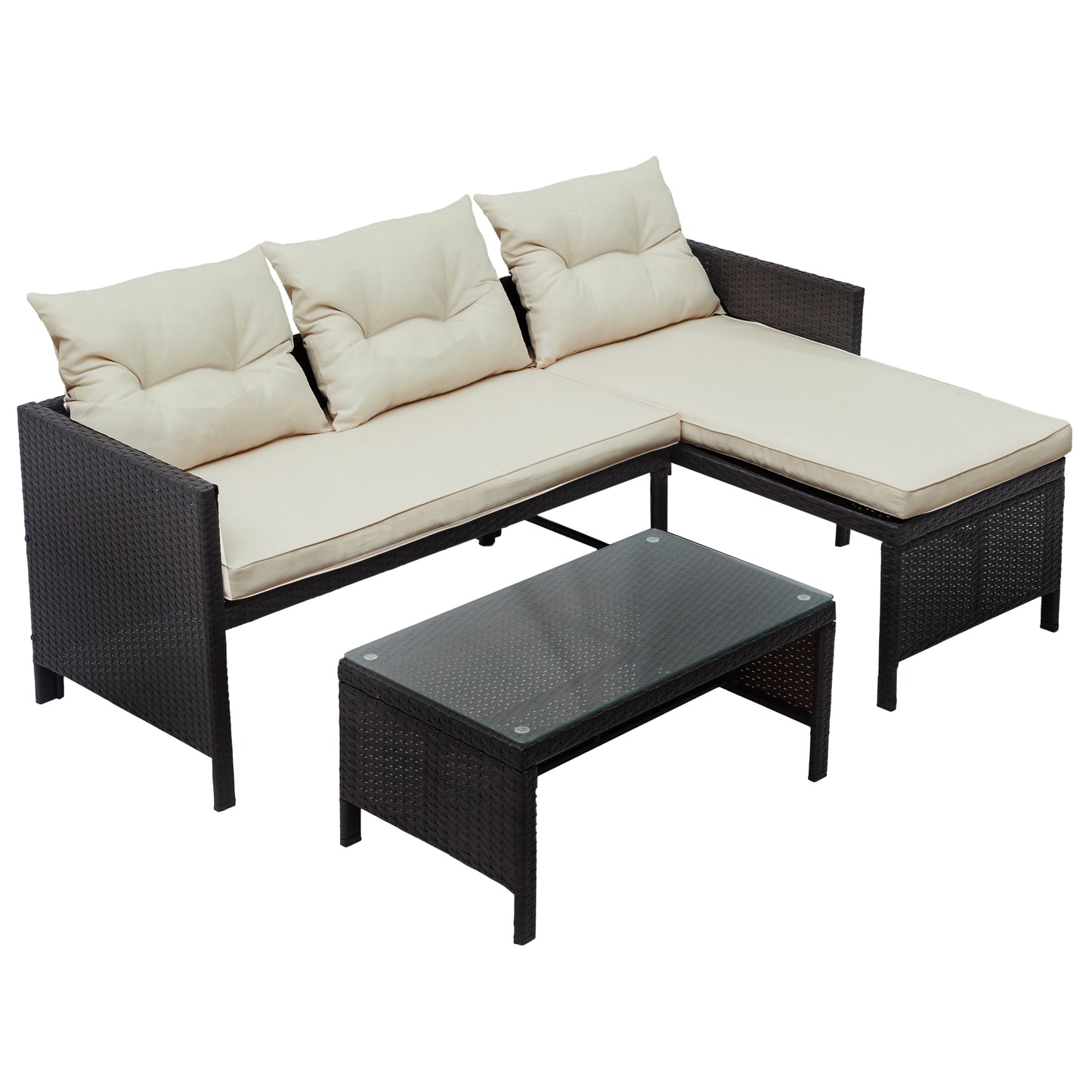 Syngar Patio Furniture Sectional Set, 3-Piece PE Wicker Cushioned Sofa Set, Outdoor Conversation Chair Set with Two-Seater Sofa, Lounge Sofa & Coffee Table, for Backyard, Poolside, Garden, Deck, D6030