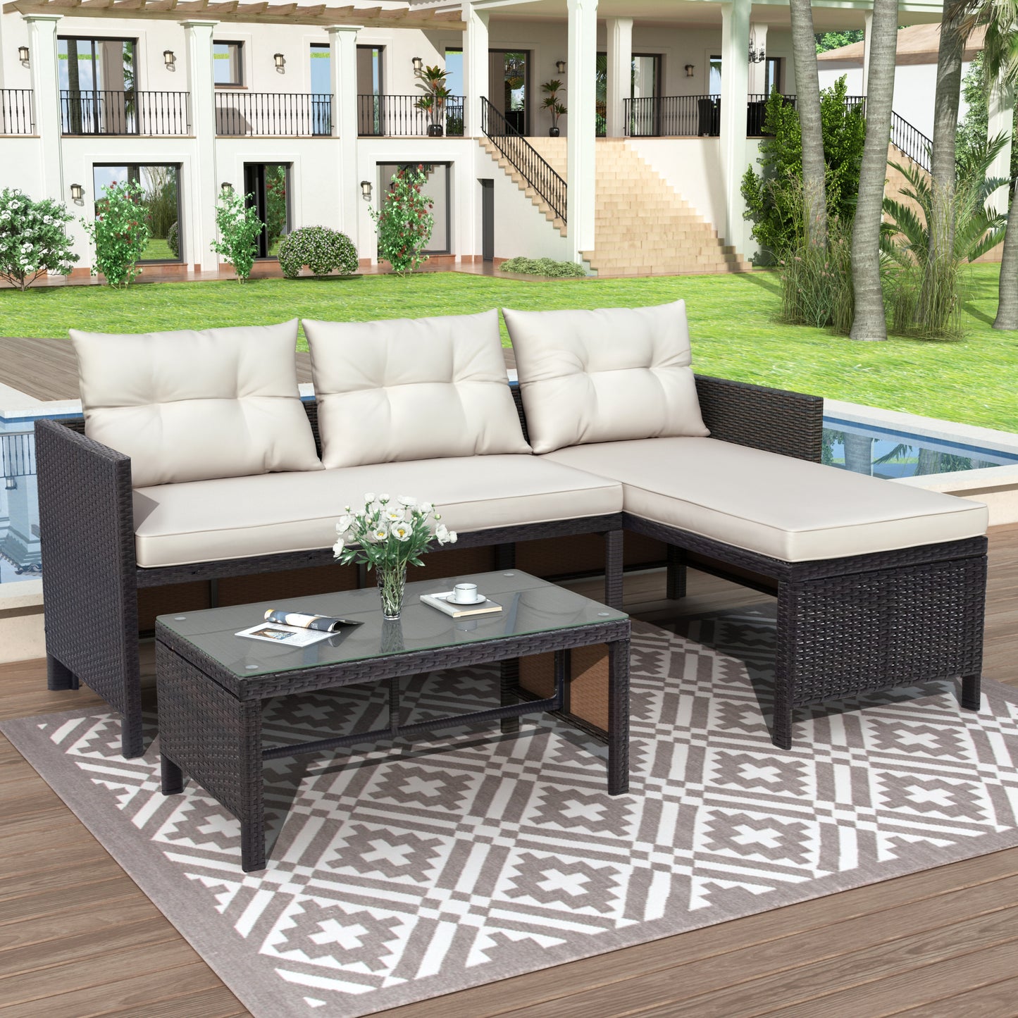 Syngar Patio Furniture Sectional Set, 3-Piece PE Wicker Cushioned Sofa Set, Outdoor Conversation Chair Set with Two-Seater Sofa, Lounge Sofa & Coffee Table, for Backyard, Poolside, Garden, Deck, D6030