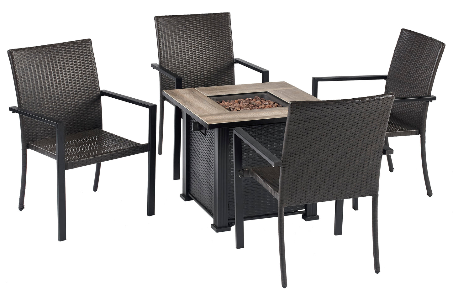 SYNGAR Patio Set 5 Pieces, Propane Fire Pit Table Outdoor with 4 PE Rattan Chairs 30-inch Square Top Fire Pit, 50,000 BTU Stainless Steel Burner, Brown, LJ240