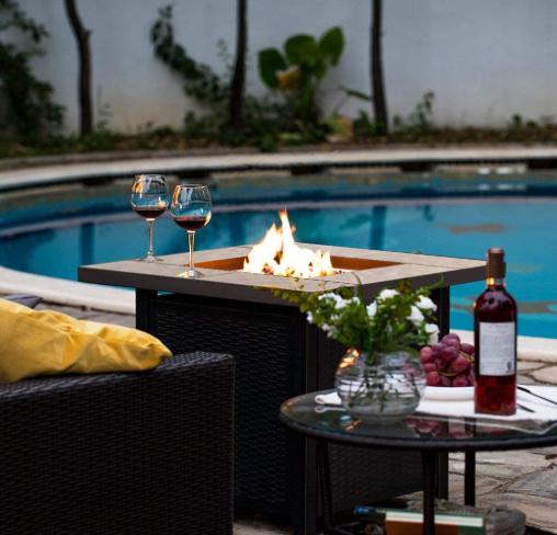 SYNGAR Patio Set 5 Pieces, Propane Fire Pit Table Outdoor with 4 PE Rattan Chairs 30-inch Square Top Fire Pit, 50,000 BTU Stainless Steel Burner, Brown, LJ240
