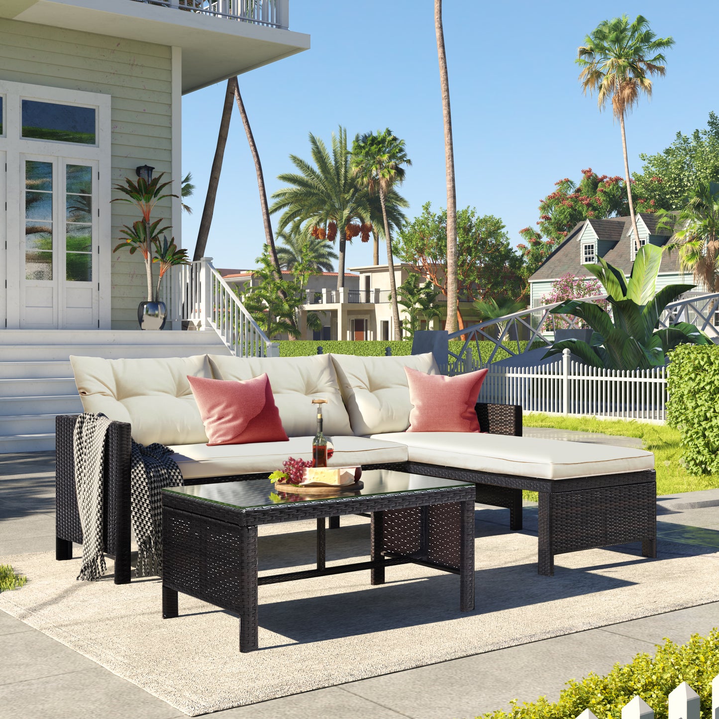 Syngar Patio Furniture Sectional Set, 3-Piece PE Wicker Cushioned Sofa Set, Outdoor Conversation Chair Set with Two-Seater Sofa, Lounge Sofa & Coffee Table, for Backyard, Poolside, Garden, Deck, D6030