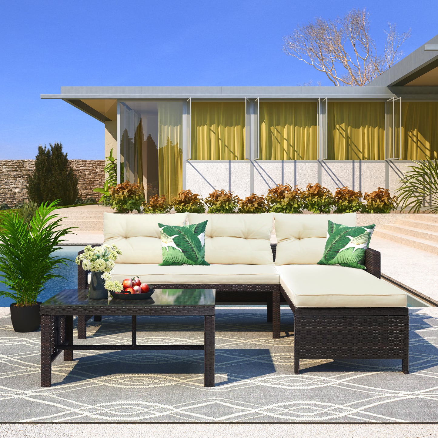 Syngar Patio Furniture Sectional Set, 3-Piece PE Wicker Cushioned Sofa Set, Outdoor Conversation Chair Set with Two-Seater Sofa, Lounge Sofa & Coffee Table, for Backyard, Poolside, Garden, Deck, D6030