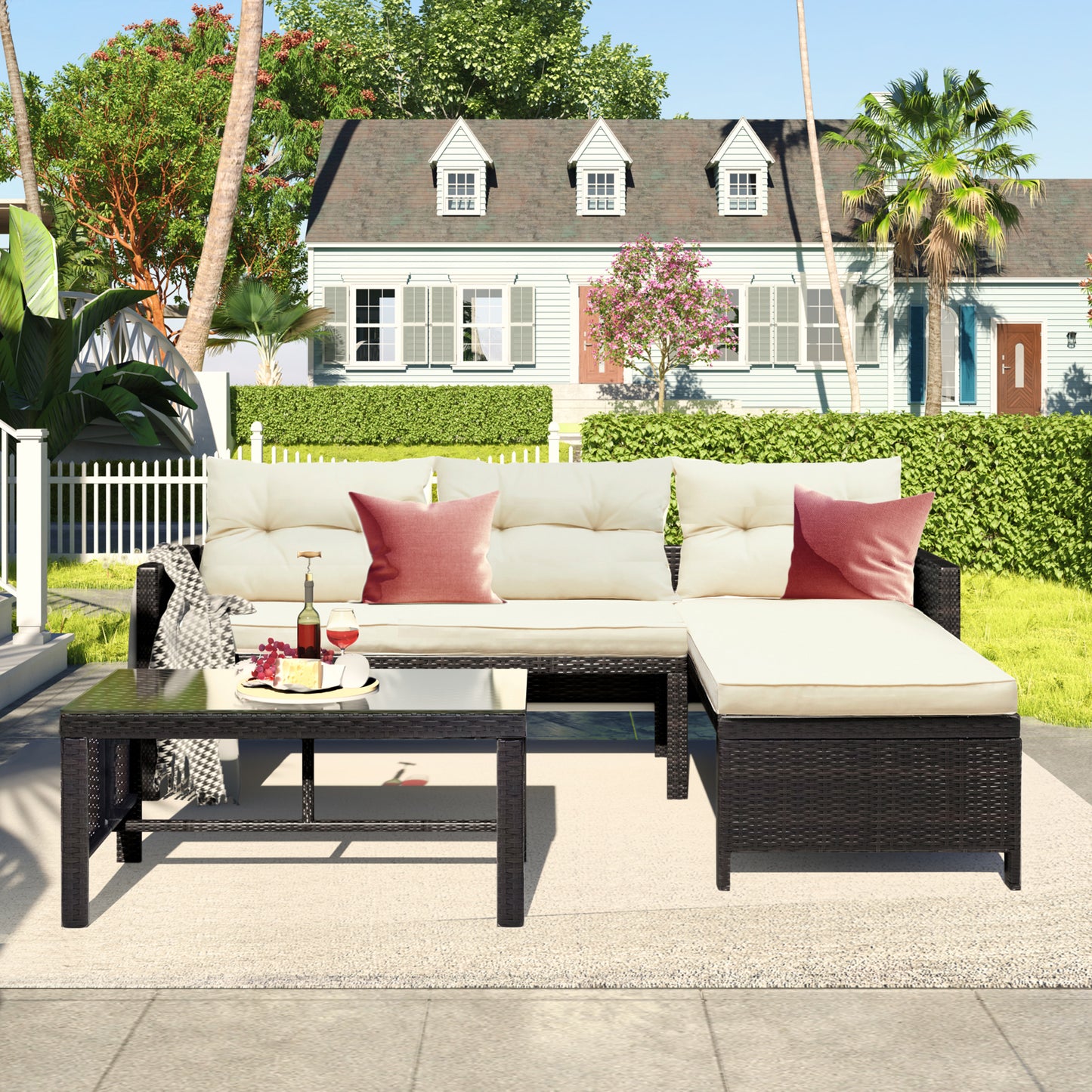 Syngar Patio Furniture Sectional Set, 3-Piece PE Wicker Cushioned Sofa Set, Outdoor Conversation Chair Set with Two-Seater Sofa, Lounge Sofa & Coffee Table, for Backyard, Poolside, Garden, Deck, D6030