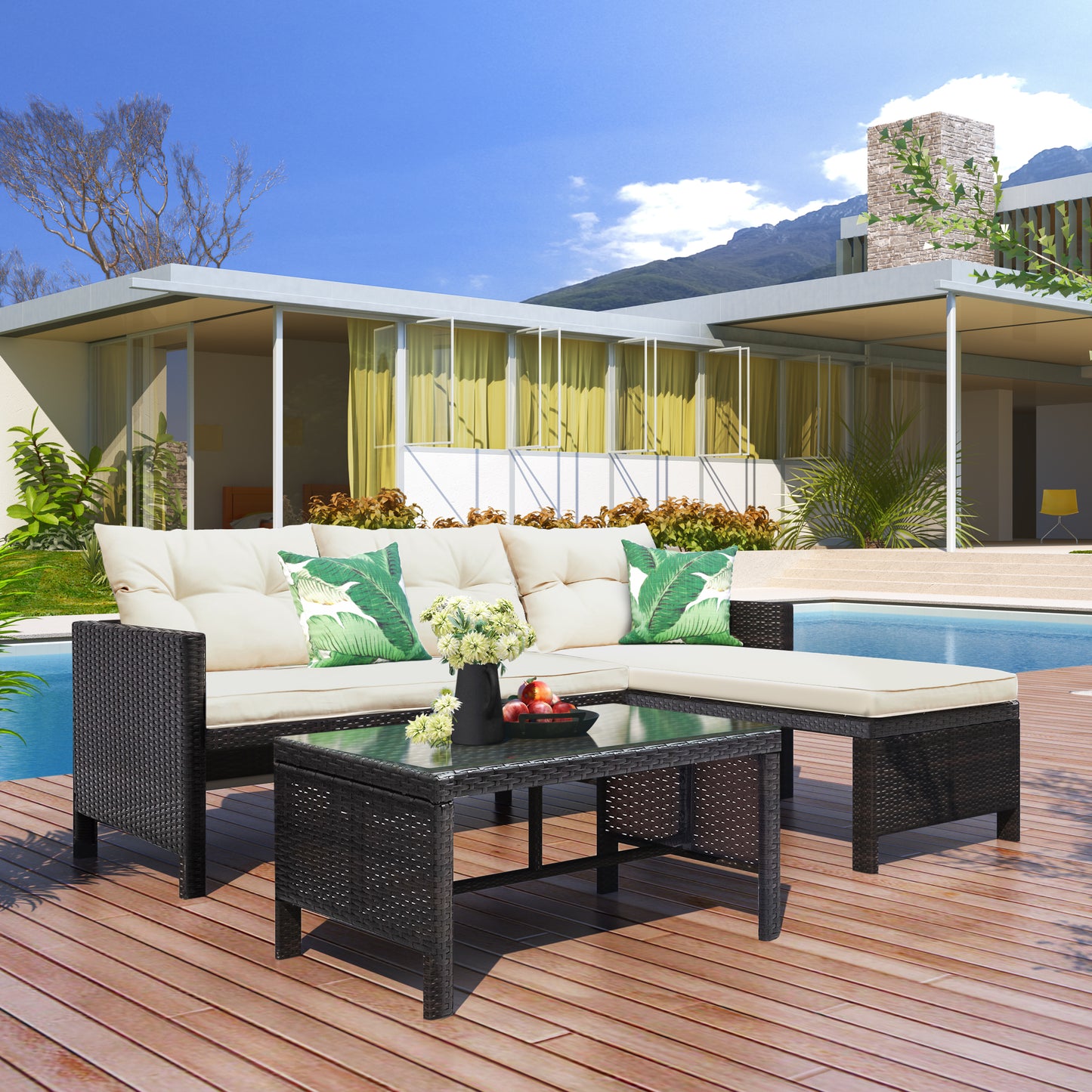 SYNGAR 3 Pieces PE Wicker Furniture Set, Patio Conversation Furniture Set with Two-Seater Sofa, Lounge Chair, Table & Cushions, Outdoor Sectional Sofa Set for Backyard, Deck, Balcony, Poolside, D6032