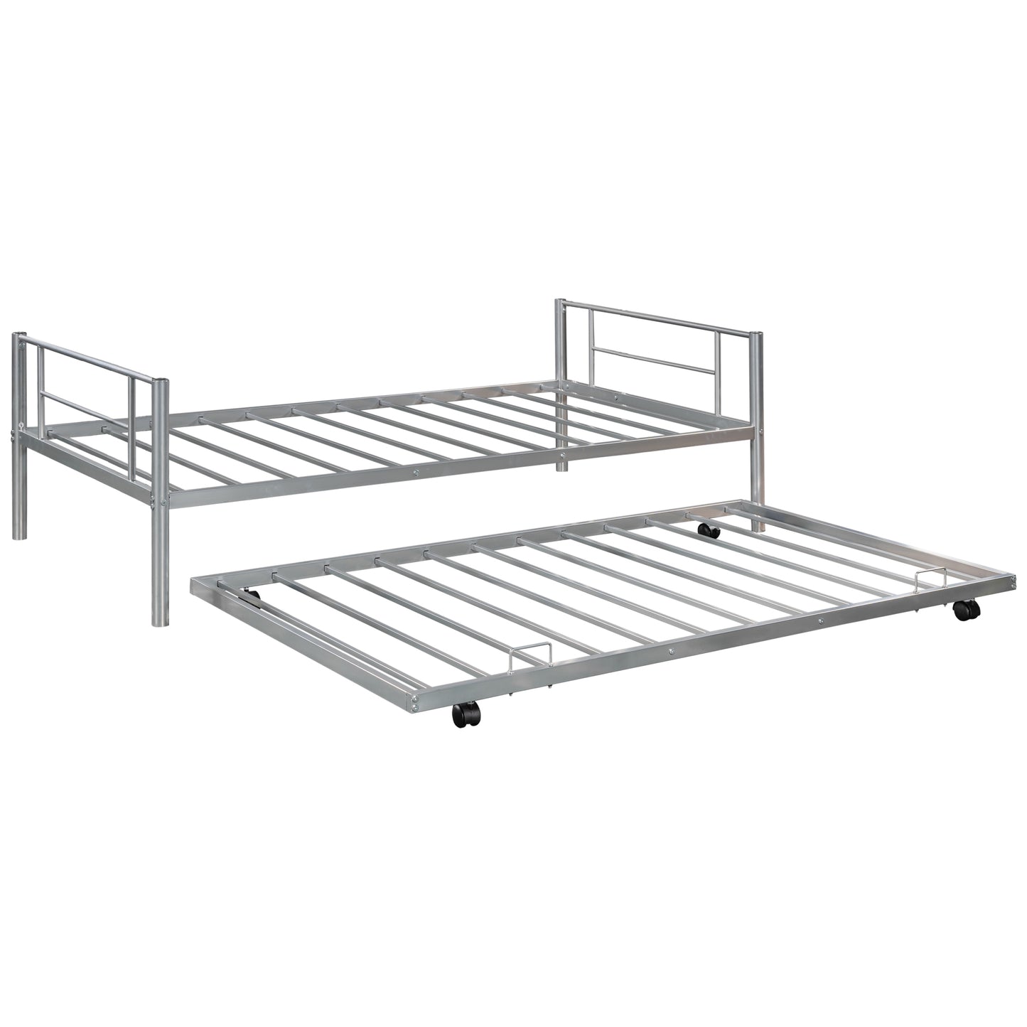 Twin over Twin Bunk Bed Frame with Trundle, SYNGAR Upgraded Bunk Beds with Ladder & Guardrail, Heavy Duty Kids Bedroom Furniture Bunk Bed for Boys and Girls, Space Saver Guest Room Bunk, Silver, C24