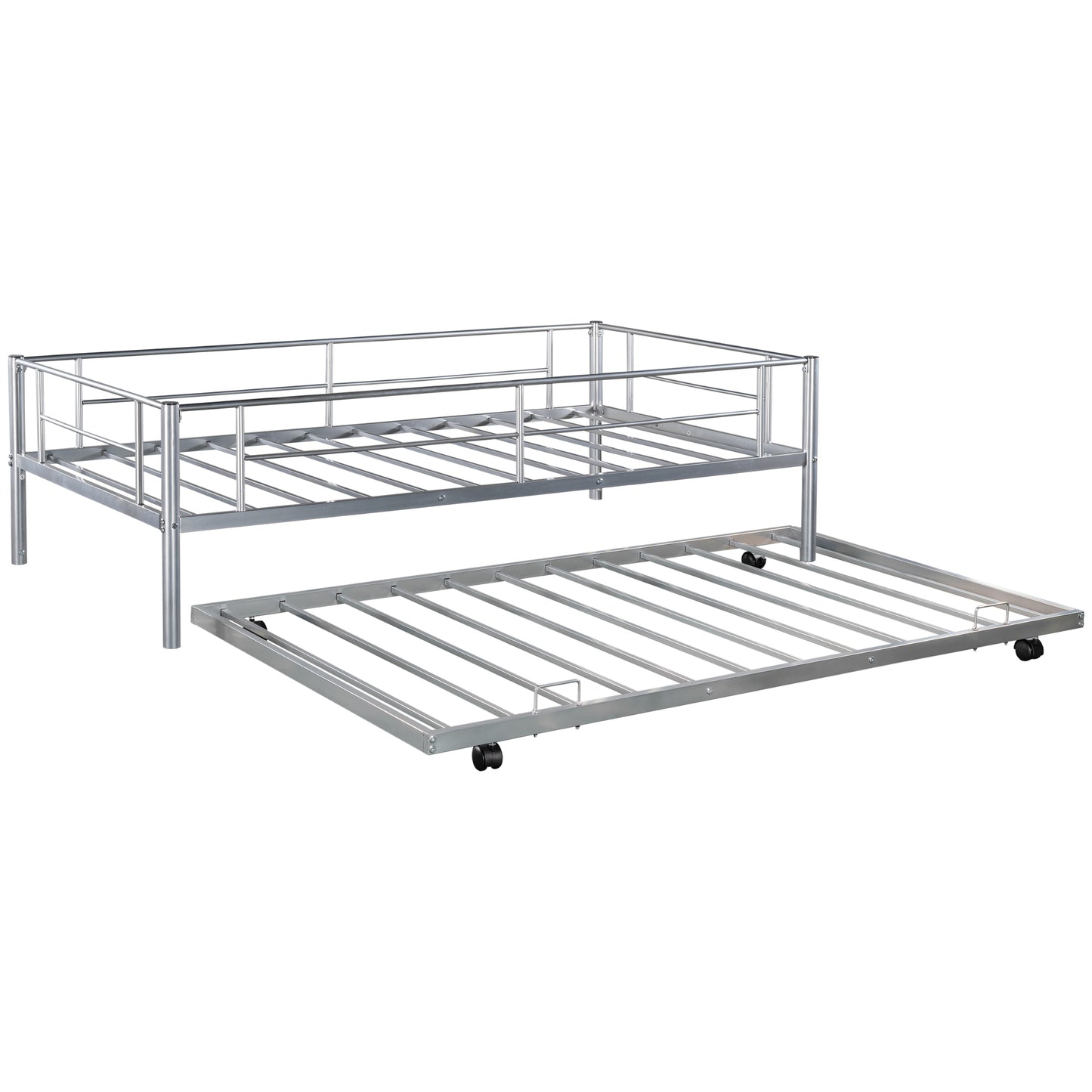 Twin over Twin Bunk Bed Frame with Trundle, SYNGAR Upgraded Bunk Beds with Ladder & Guardrail, Heavy Duty Kids Bedroom Furniture Bunk Bed for Boys and Girls, Space Saver Guest Room Bunk, Silver, C24