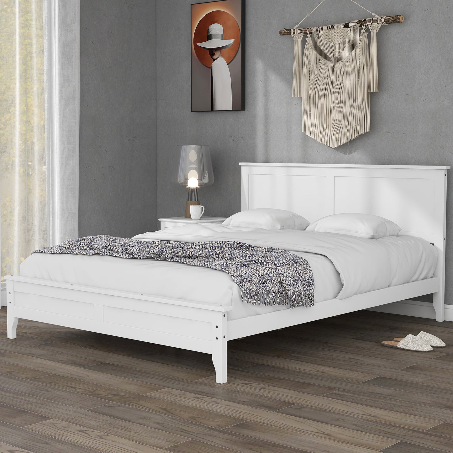 Queen Size Bed Frame with Headboard, Platform Bed Frame Solid Wood with Headboard, 800lbs Weight Capacity, White, LJ2082