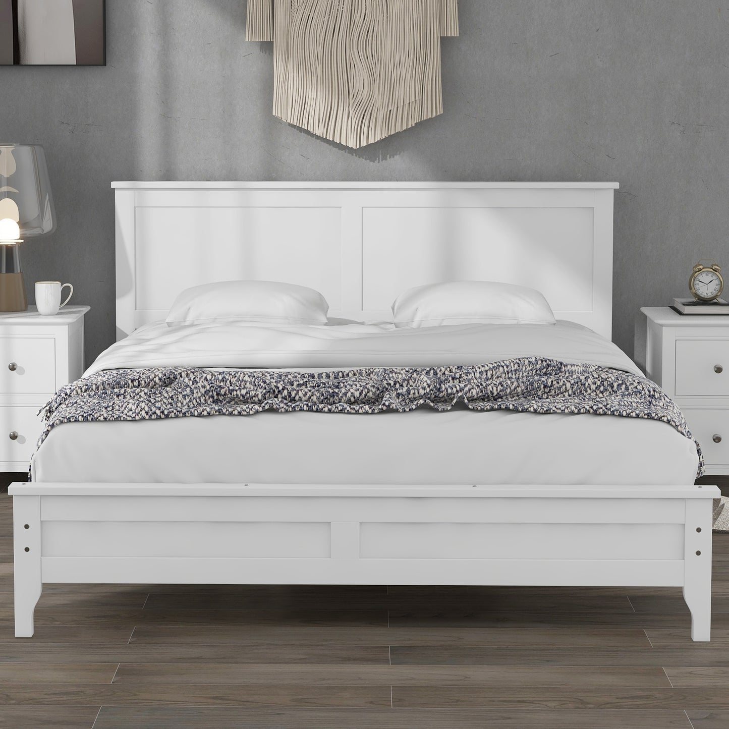 Queen Size Bed Frame with Headboard, Platform Bed Frame Solid Wood with Headboard, 800lbs Weight Capacity, White, LJ2082