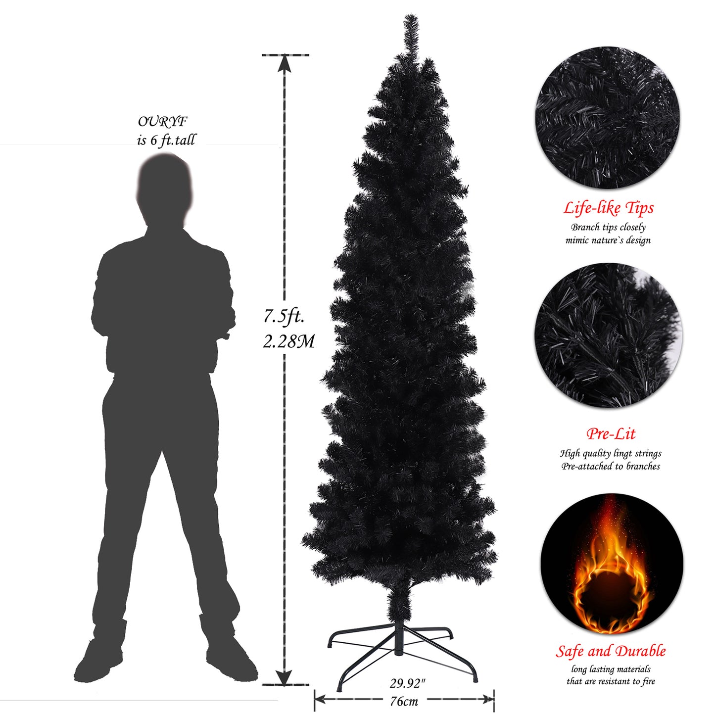 SYNGAR 7.5FT Pencil Christmas Tree, Slim Artificial Xmas Tree with 840 Branch Tips, Christmas Decor, Black