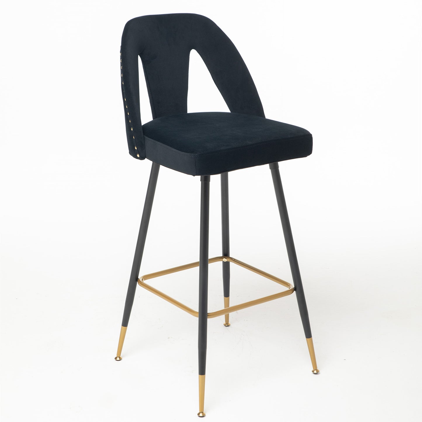 SYNGAR Modern Bar Chairs Set of 2, Contemporary Velvet Upholstered Bar Stools Tool and Counter Stools with Nailheads and Gold Tipped Black Metal Legs, Black Leisure Style Bar Chairs, Black