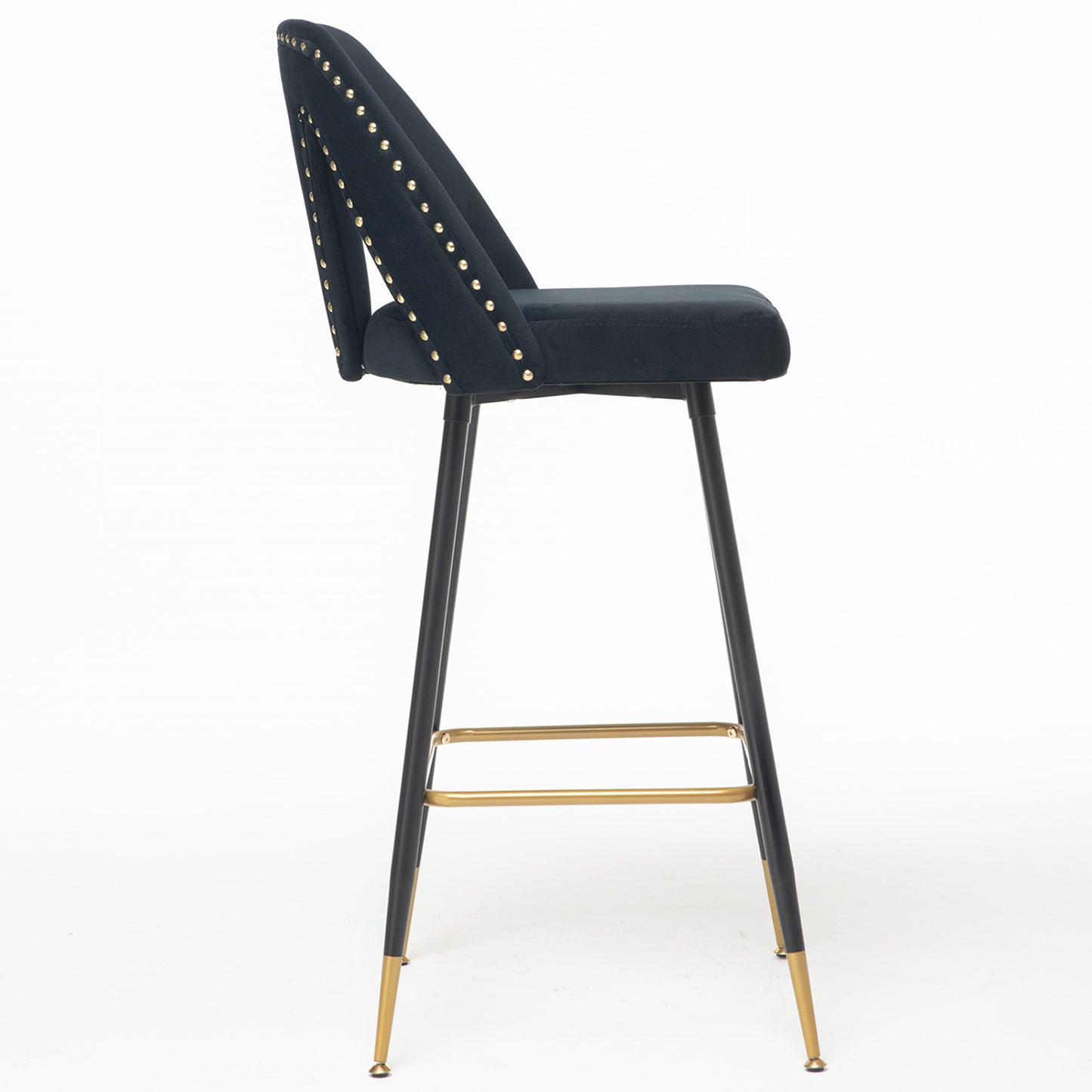 SYNGAR Modern Bar Chairs Set of 2, Contemporary Velvet Upholstered Bar Stools Tool and Counter Stools with Nailheads and Gold Tipped Black Metal Legs, Black Leisure Style Bar Chairs, Black
