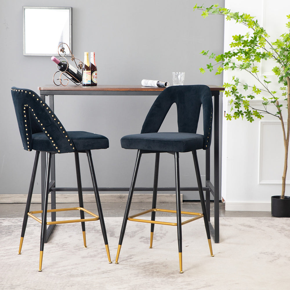 SYNGAR Modern Bar Chairs Set of 2, Contemporary Velvet Upholstered Bar Stools Tool and Counter Stools with Nailheads and Gold Tipped Black Metal Legs, Black Leisure Style Bar Chairs, Black