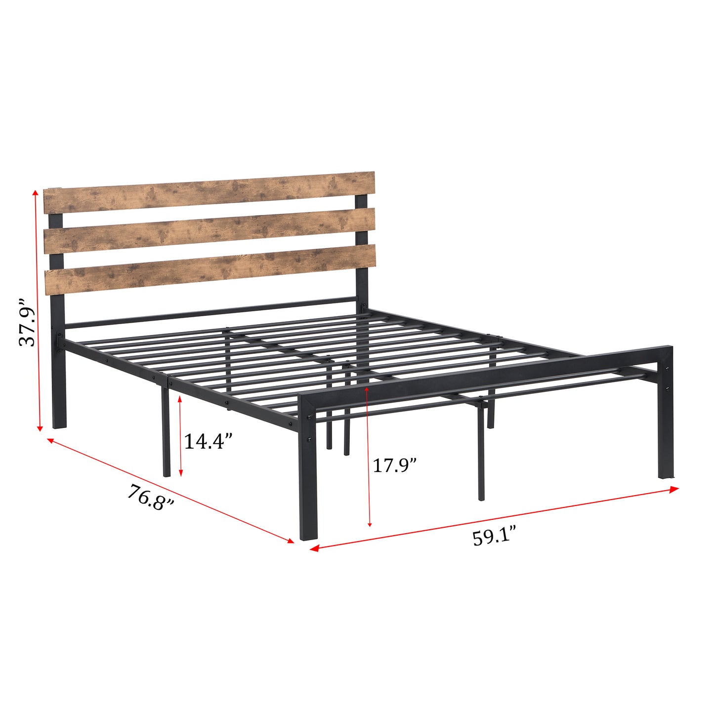 SYNGAR Black Metal Platform Bed Frame Full Size with Wooden Headboard, Steel Legs, Underbed Storage, Strong Slat Support, No Box Spring Needed, Rustic Full Bed Frame for Kids Teens Adults
