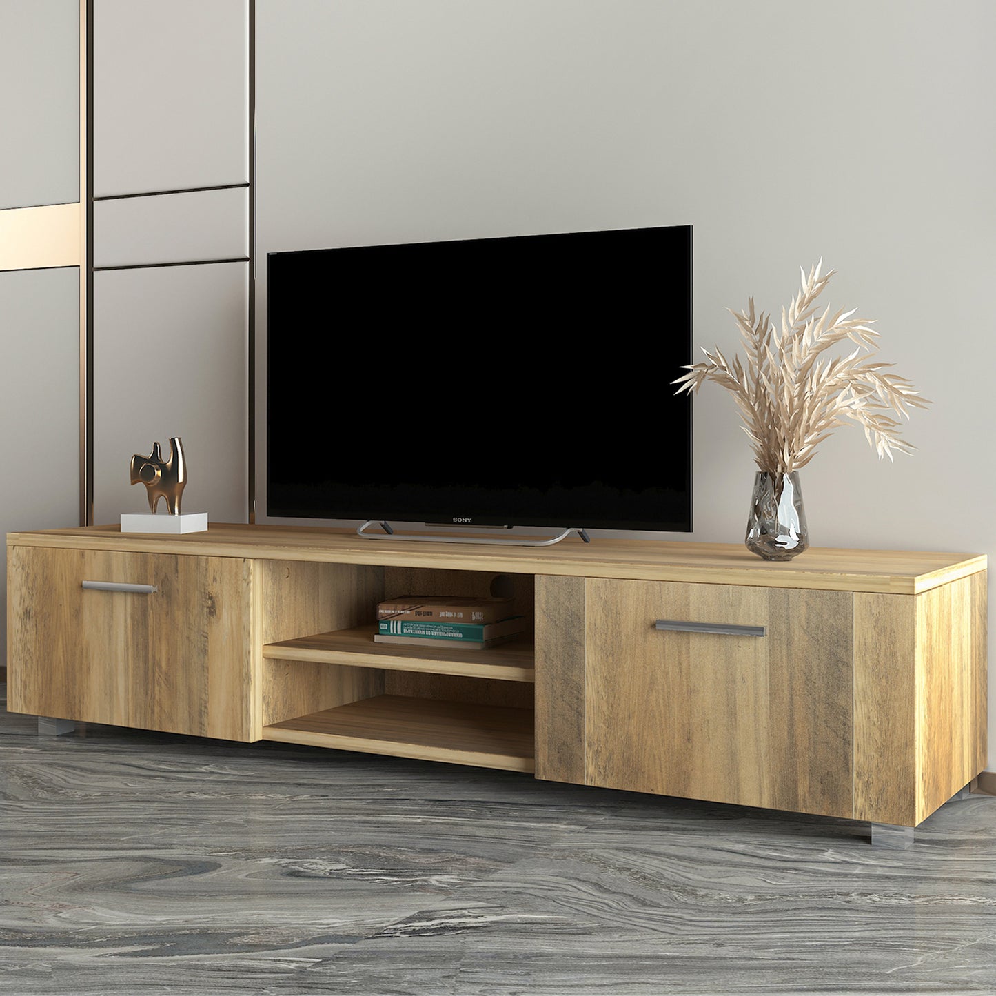 SYNGAR Modern TV Stand for TV up to 70 inches, TV Table Stand with 16-Color LED Lights, TV Console Table with Storage, Black, 63"L×14" W×18"H