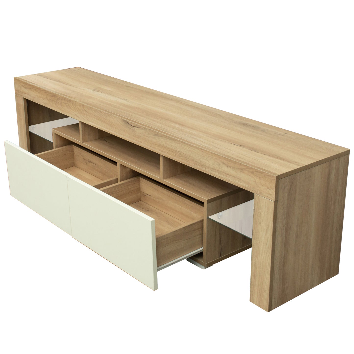 White TV Stand for 70 inch TV, Farmhouse Rustic Wooden Television Stands TV Cabinet Console Table with 16 Colors LED Lights, Living Room TV Table Stand Buffet Cabinet with Storage, 63"L×14" W×18"H