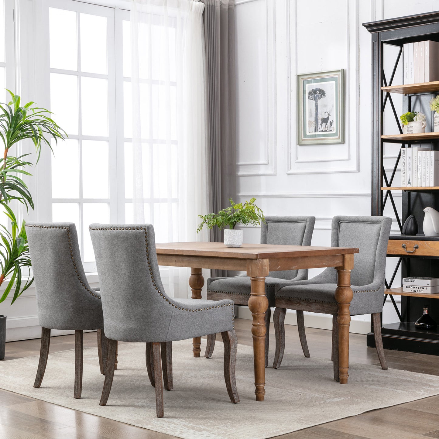 SYNGAR Upholstered Thickened Fabric Dining Chairs Set of 2, Solid Wood Contemporary Kitchen Chairs for Dining Room, Accent Chairs with Nail Head Decor, Gray