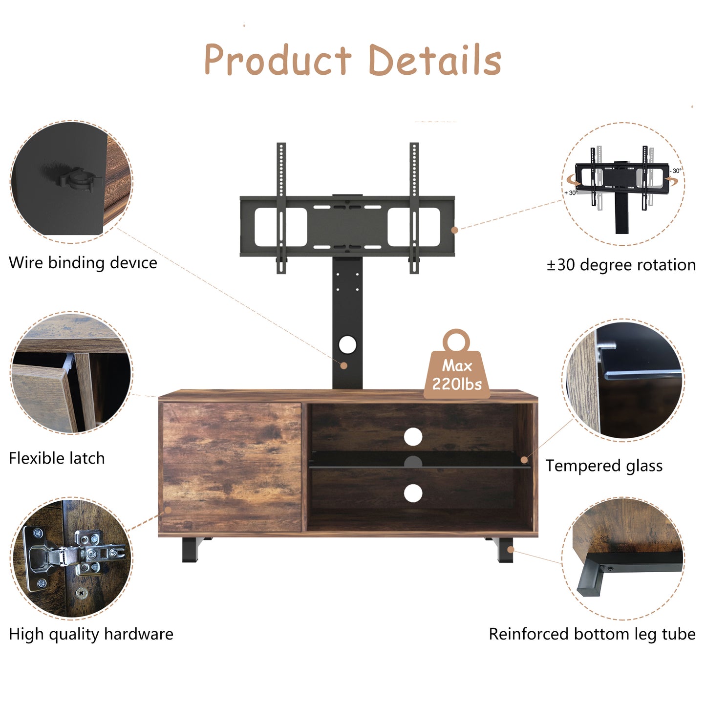 SYNGAR Rustic Brown Farmhouse TV Stand with Mount for 32-65 inch TVs, 2 in 1 TV Mount Stand Table Storage Cabinet Entertainment Center, Swivel Floor TV Stand Mount for Living Room Bedroom Office