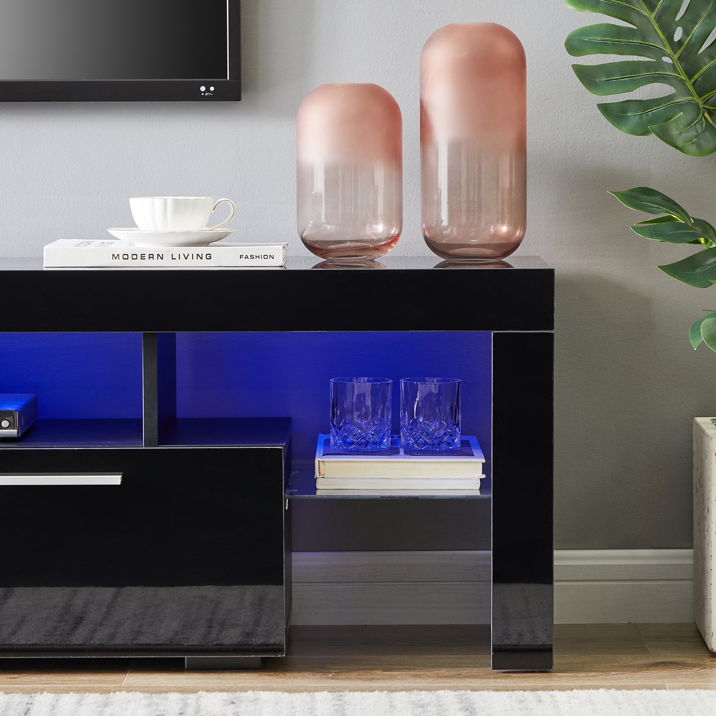 SYNGAR Modern TV Stand for TV up to 70 inches, TV Table Stand with 16-Color LED Lights, TV Console Table with Storage, Black, 63"L×14" W×18"H